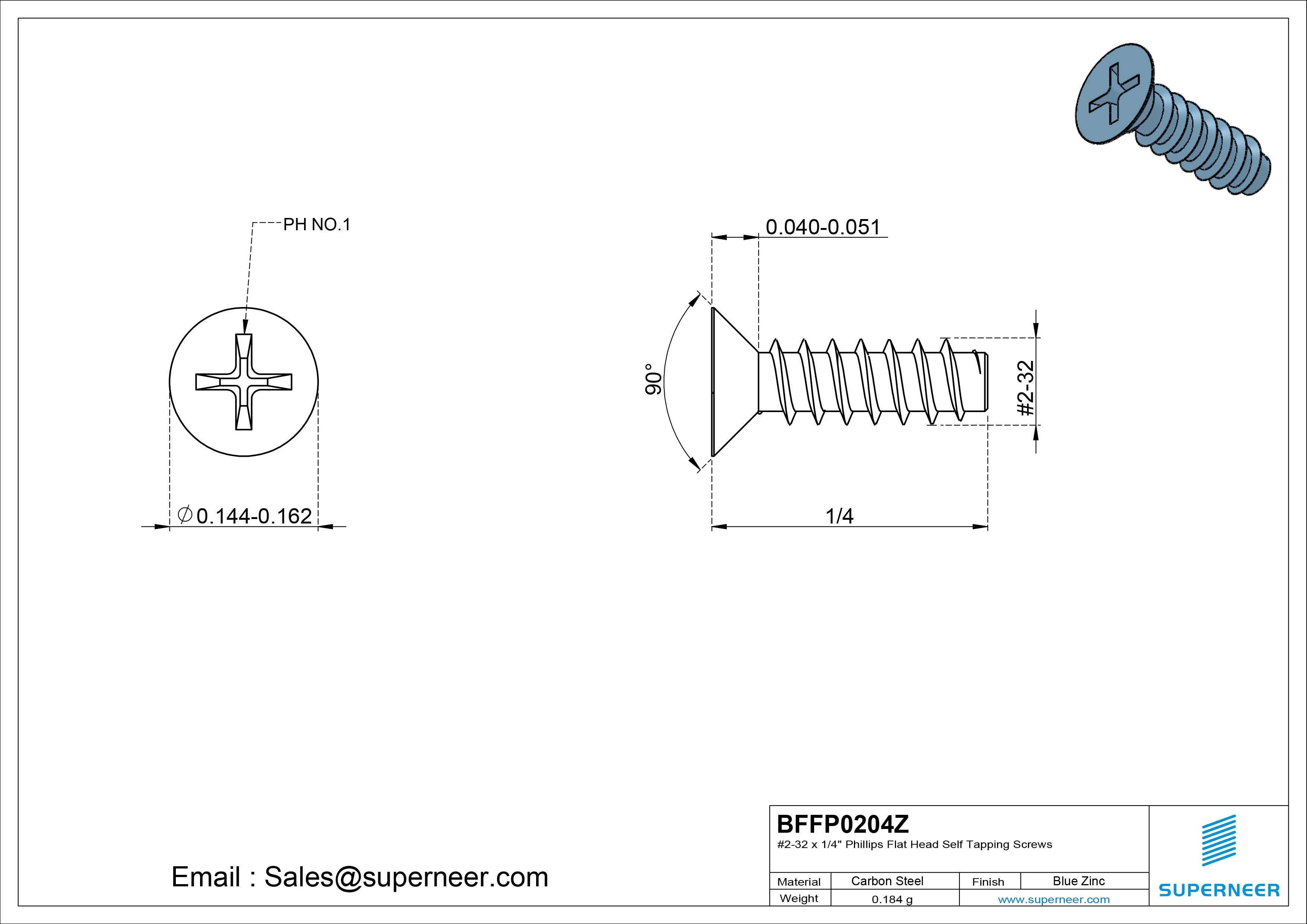 #2-32 x 1/4" Phillips Flat Head Self Tapping Screws Steel Blue Zinc Plated