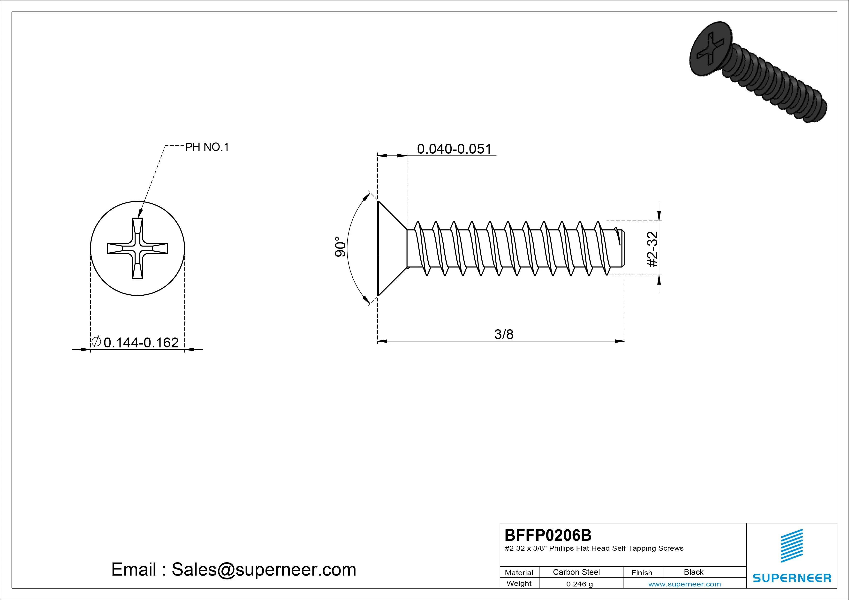 #2-32 x 3/8" Phillips Flat Head Self Tapping Screws Steel Black Zinc Plated