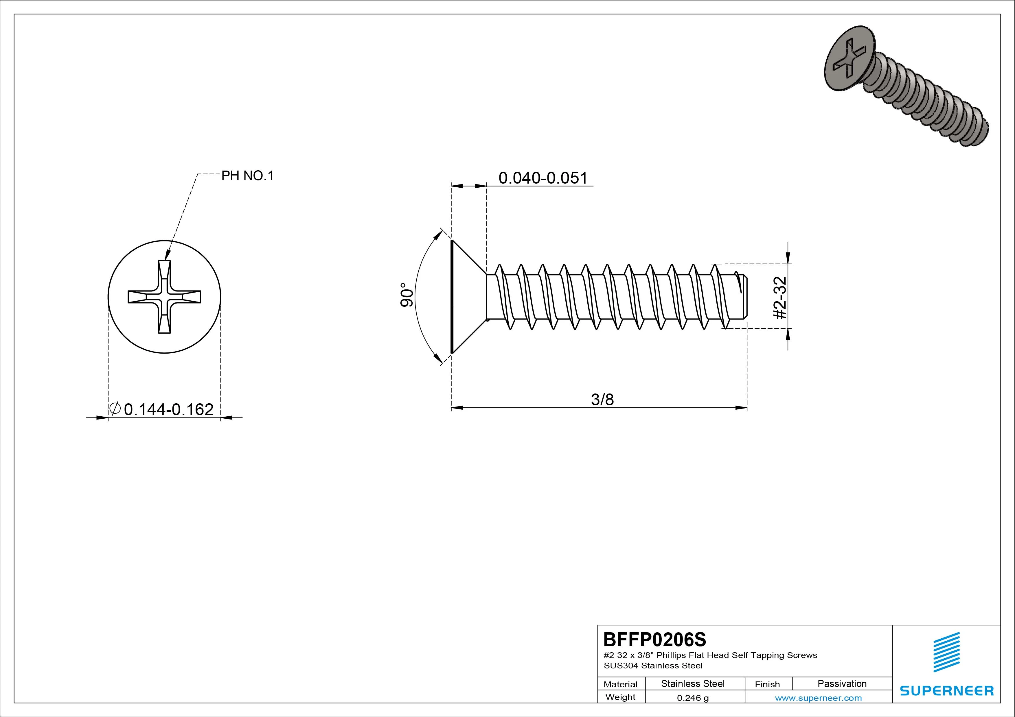 #2-32 x 3/8" Phillips Flat Head Self Tapping Screws SUS304 Stainless Steel