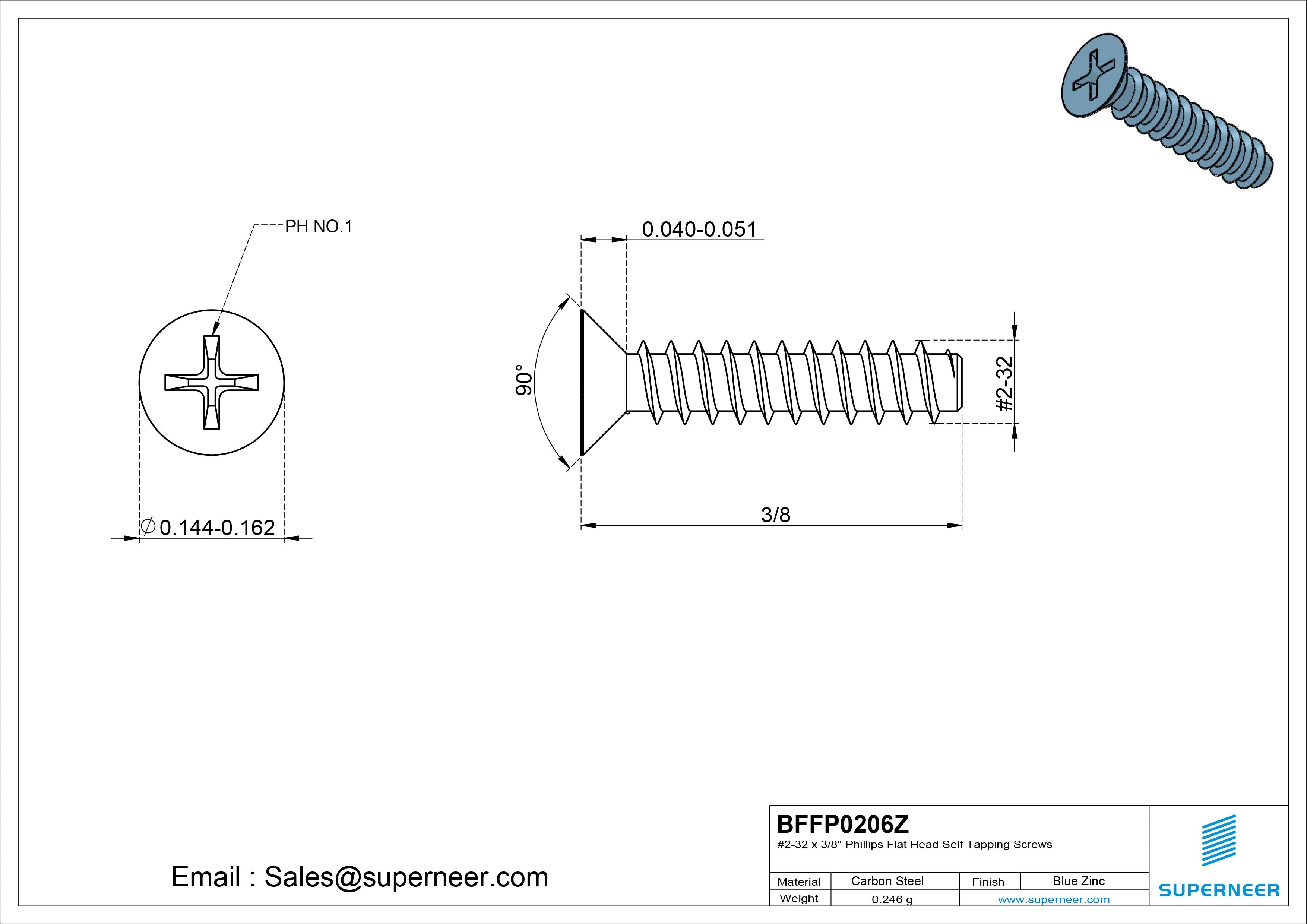 #2-32 x 3/8" Phillips Flat Head Self Tapping Screws Steel Blue Zinc Plated