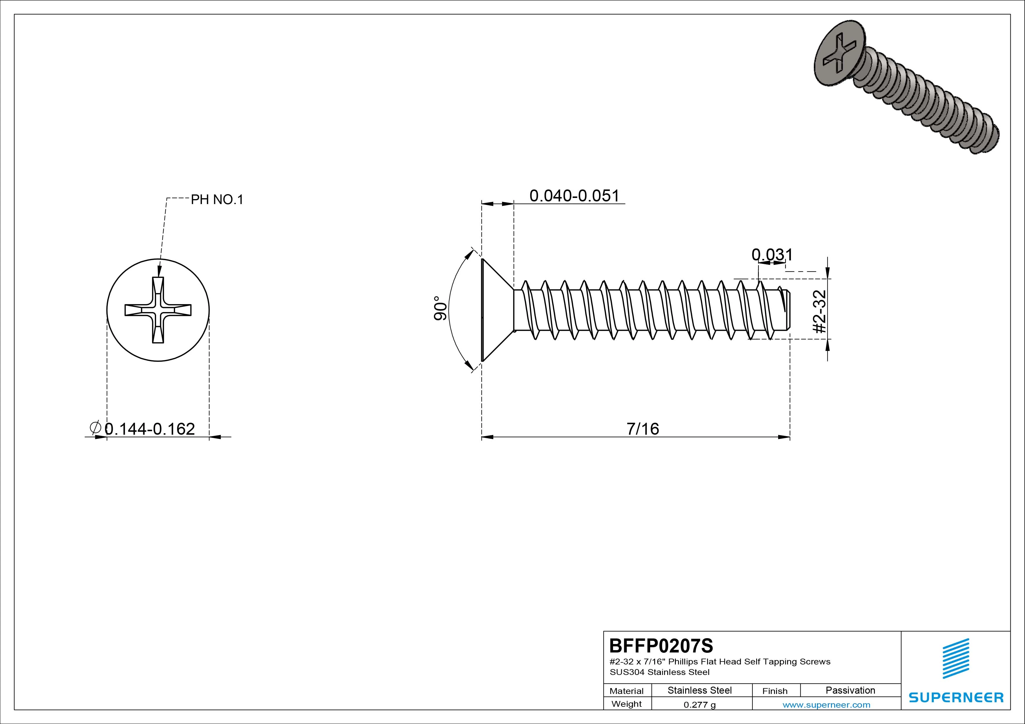 #2-32 x 7/16" Phillips Flat Head Self Tapping Screws SUS304 Stainless Steel