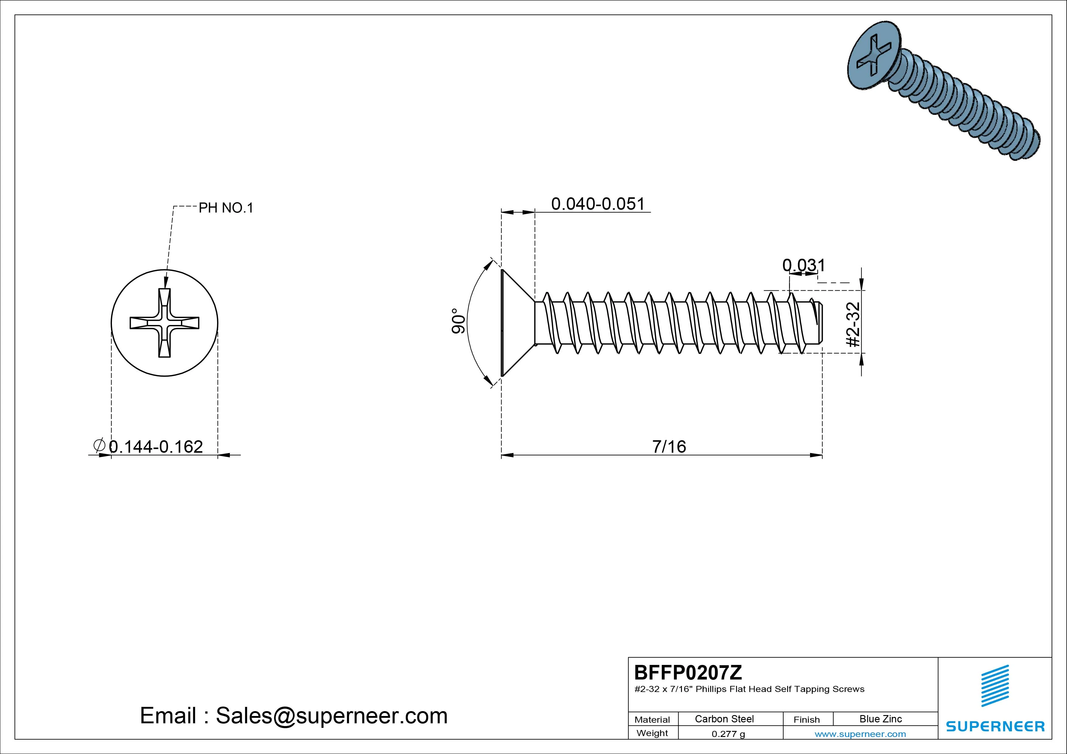 #2-32 x 7/16" Phillips Flat Head Self Tapping Screws Steel Blue Zinc Plated