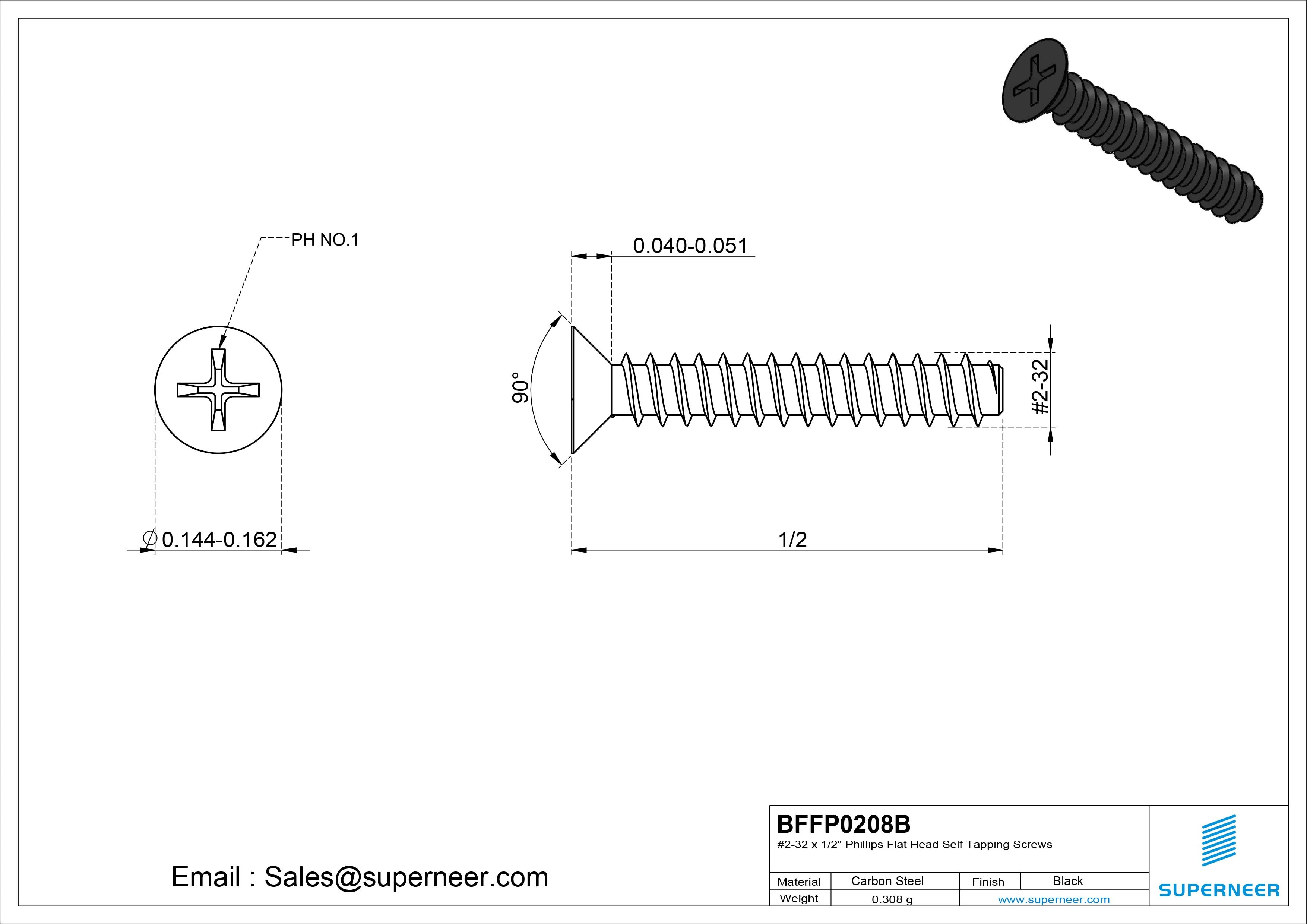 #2-32 x 1/2" Phillips Flat Head Self Tapping Screws Steel Black Zinc Plated