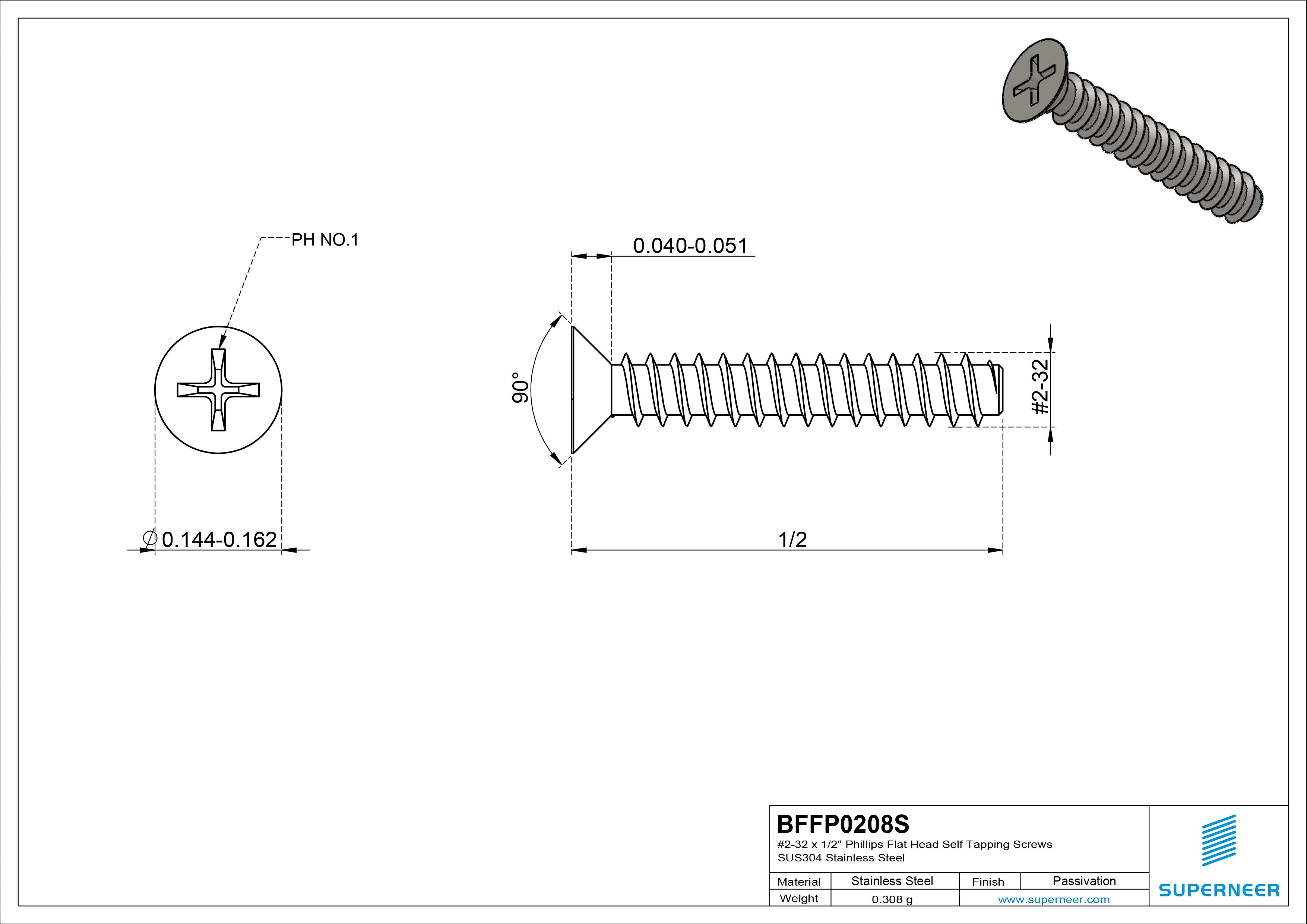 #2-32 x 1/2" Phillips Flat Head Self Tapping Screws SUS304 Stainless Steel