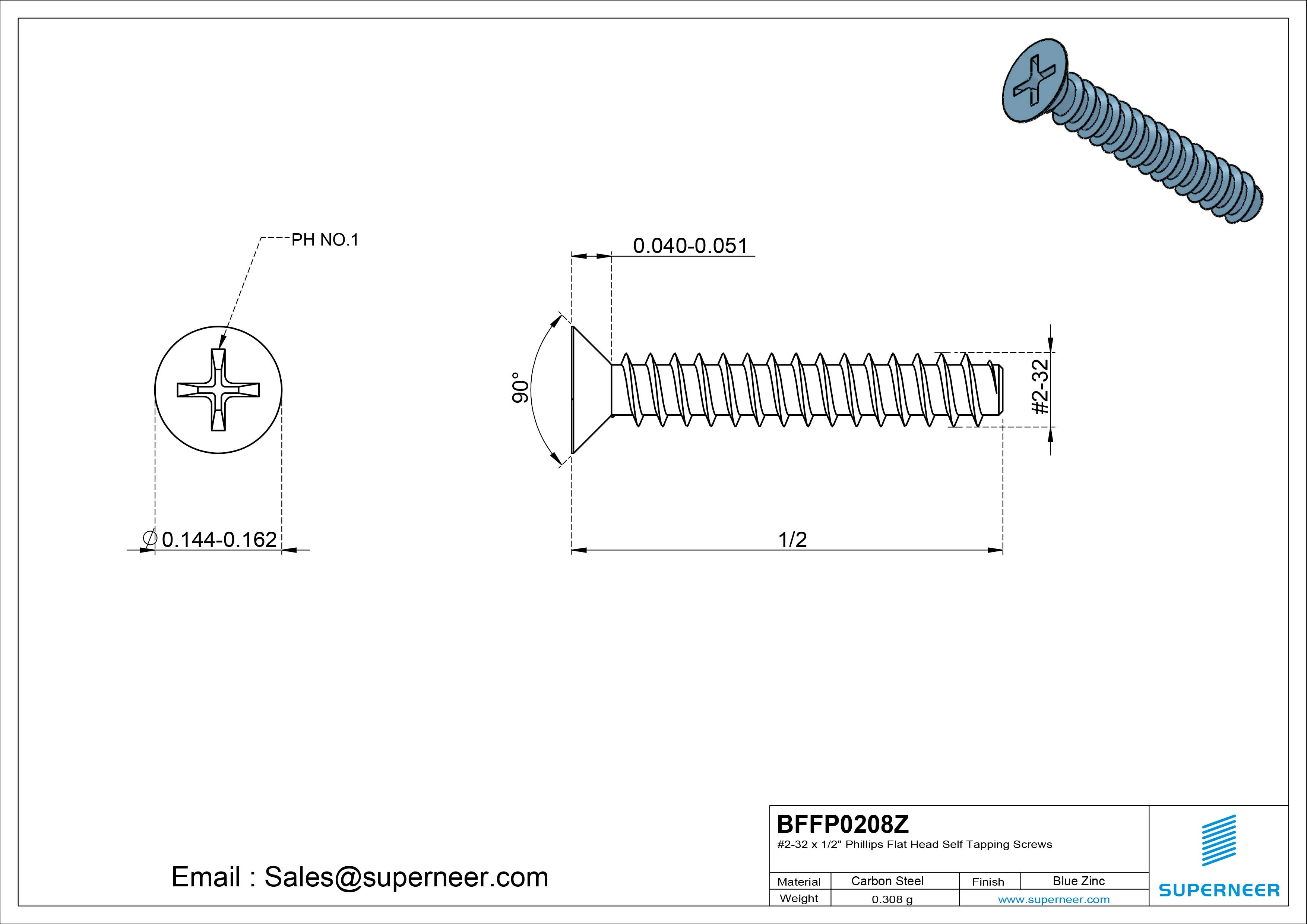 #2-32 x 1/2" Phillips Flat Head Self Tapping Screws Steel Blue Zinc Plated