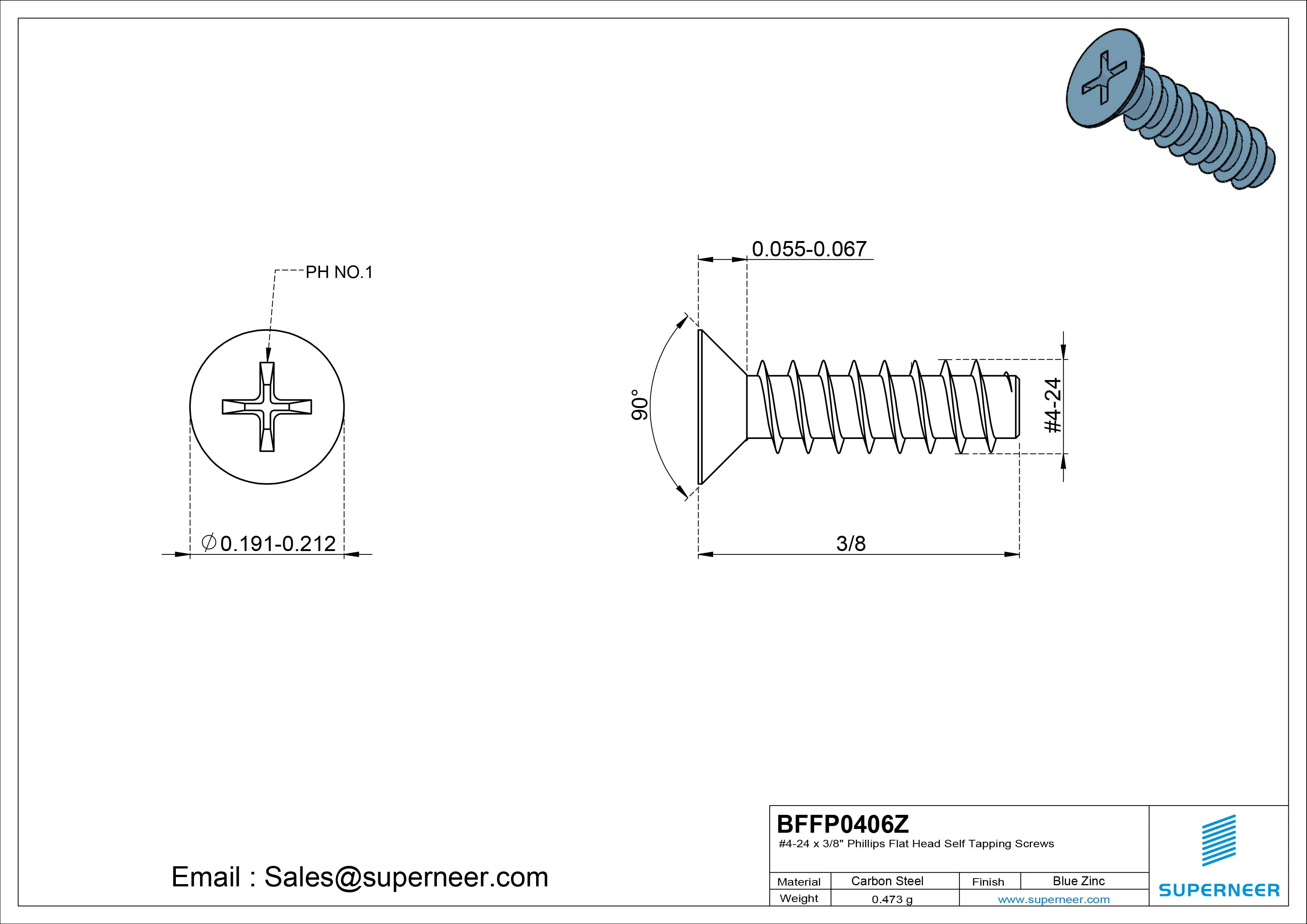 #4-24 x 3/8" Phillips Flat Head Self Tapping Screws Steel Blue Zinc Plated