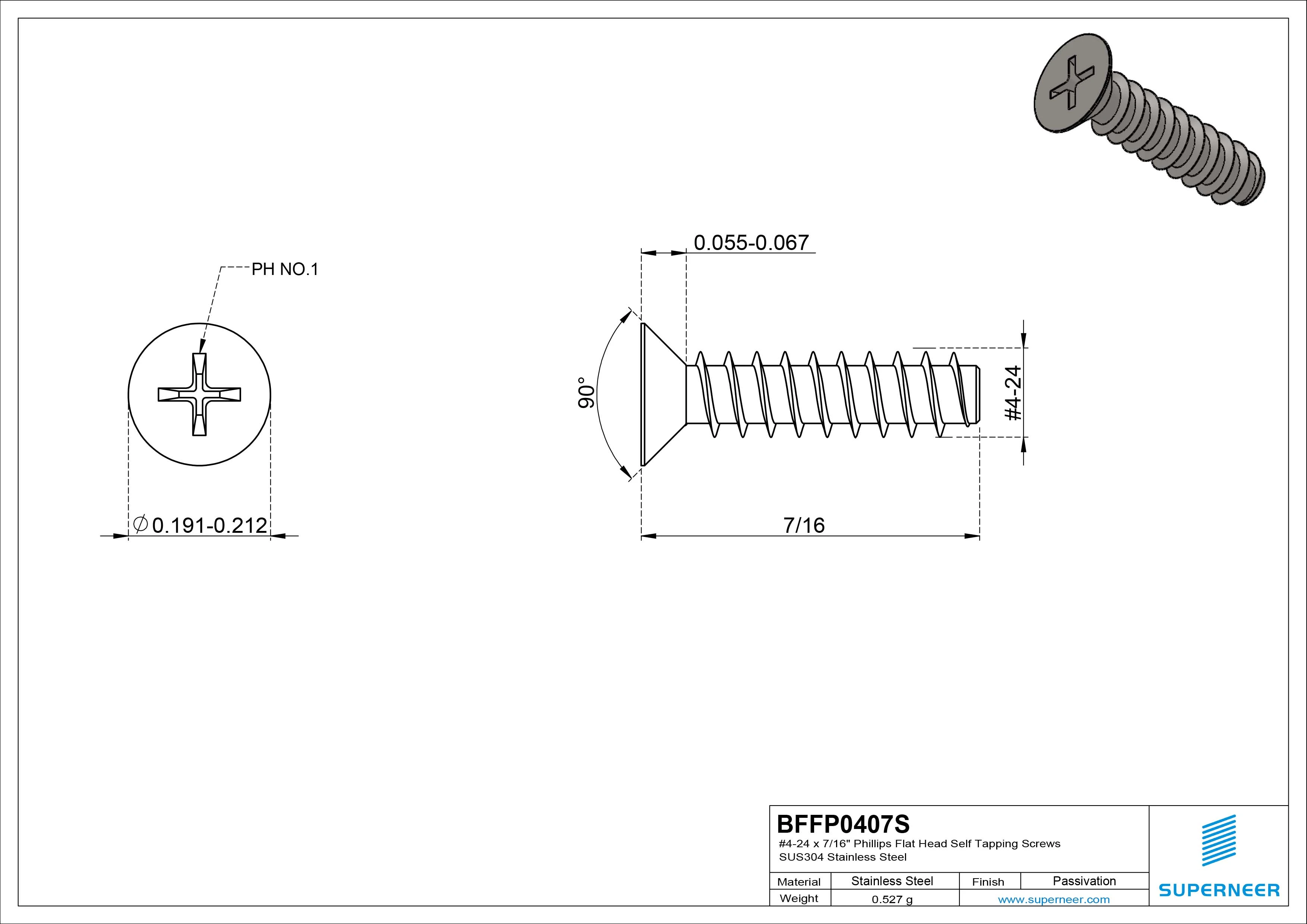 #4-24 x 7/16" Phillips Flat Head Self Tapping Screws SUS304 Stainless Steel