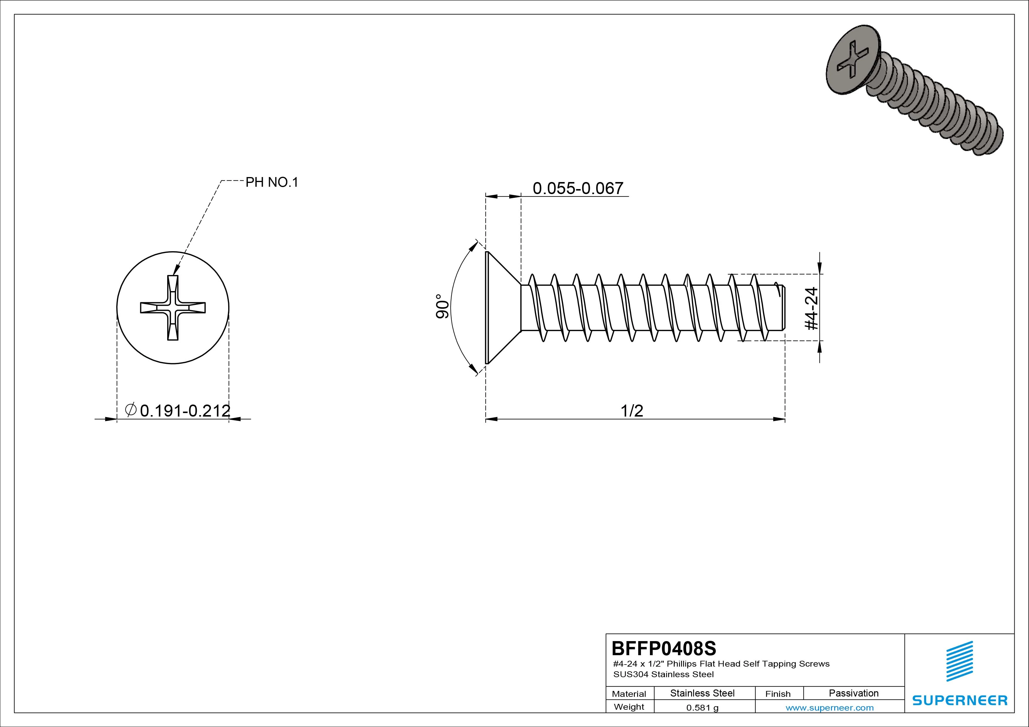 #4-24 x 1/2" Phillips Flat Head Self Tapping Screws SUS304 Stainless Steel