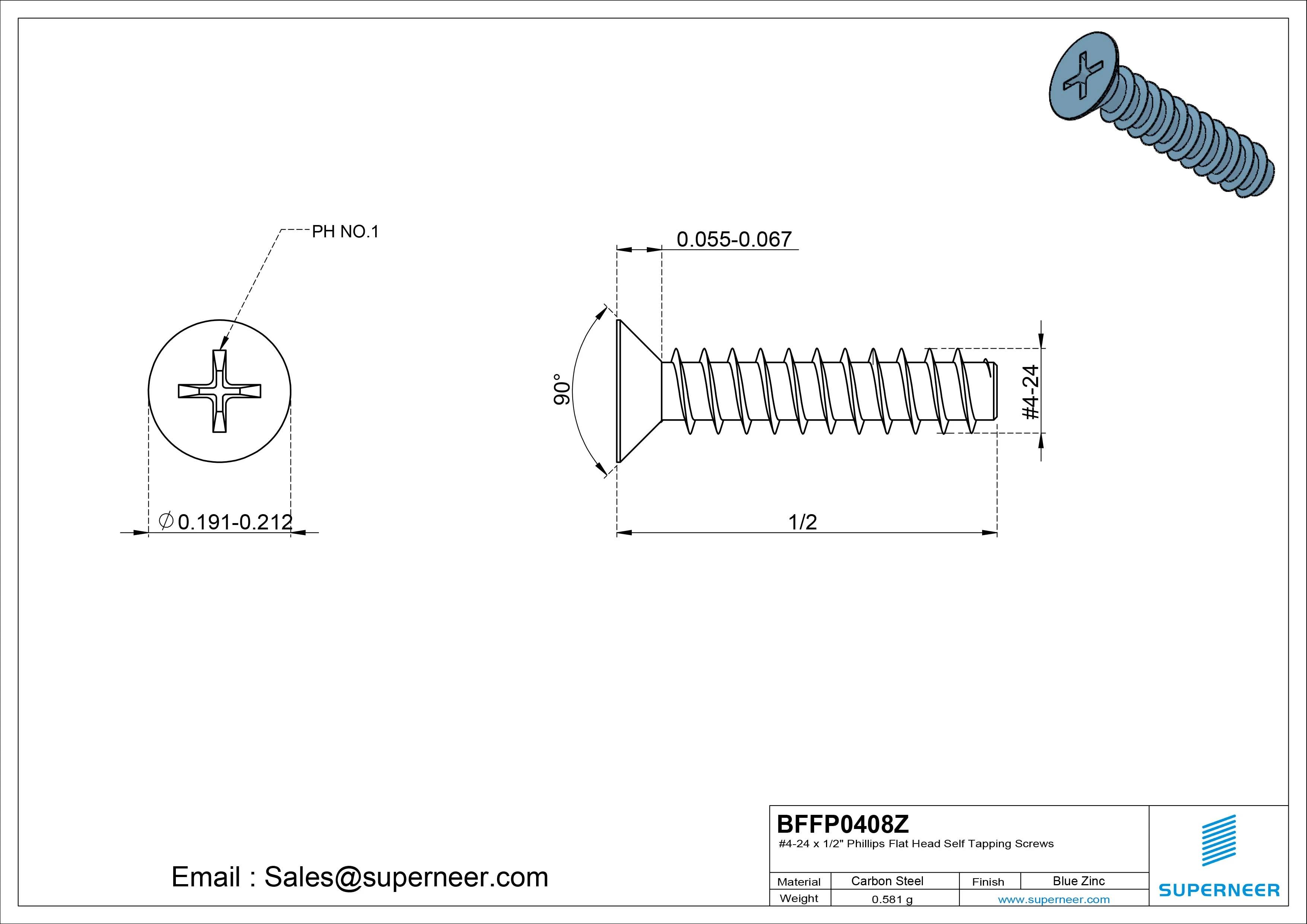 #4-24 x 1/2" Phillips Flat Head Self Tapping Screws Steel Blue Zinc Plated
