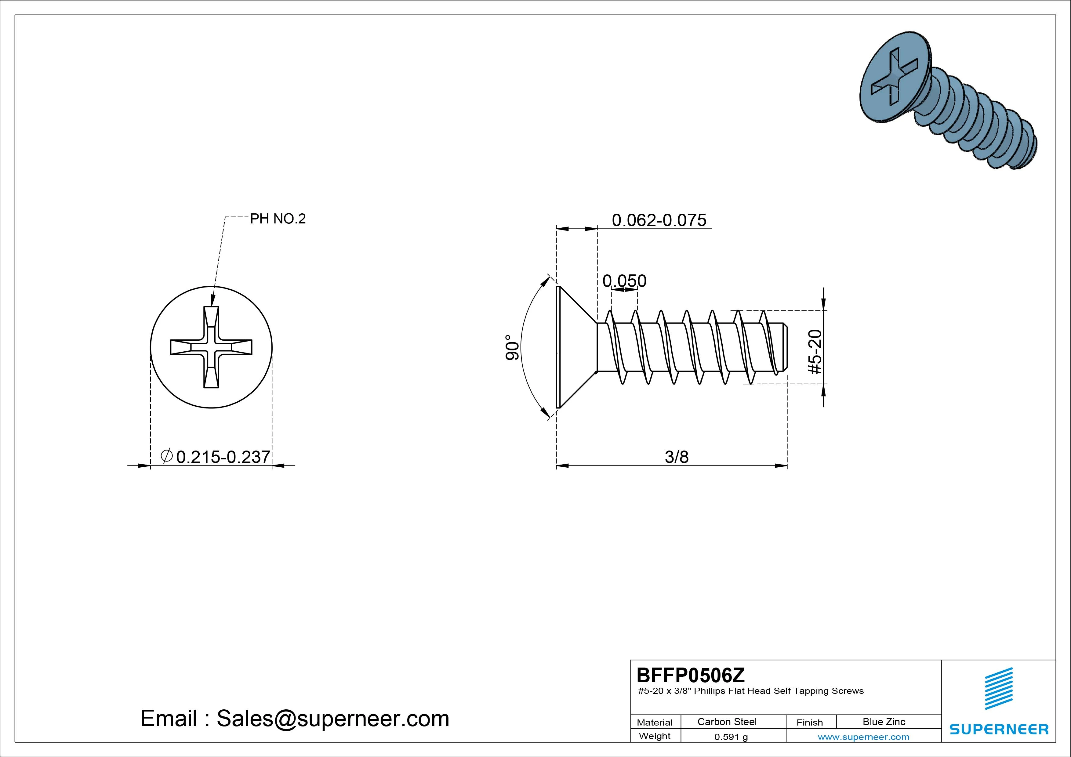 #5-20 x 3/8" Phillips Flat Head Self Tapping Screws Steel Blue Zinc Plated