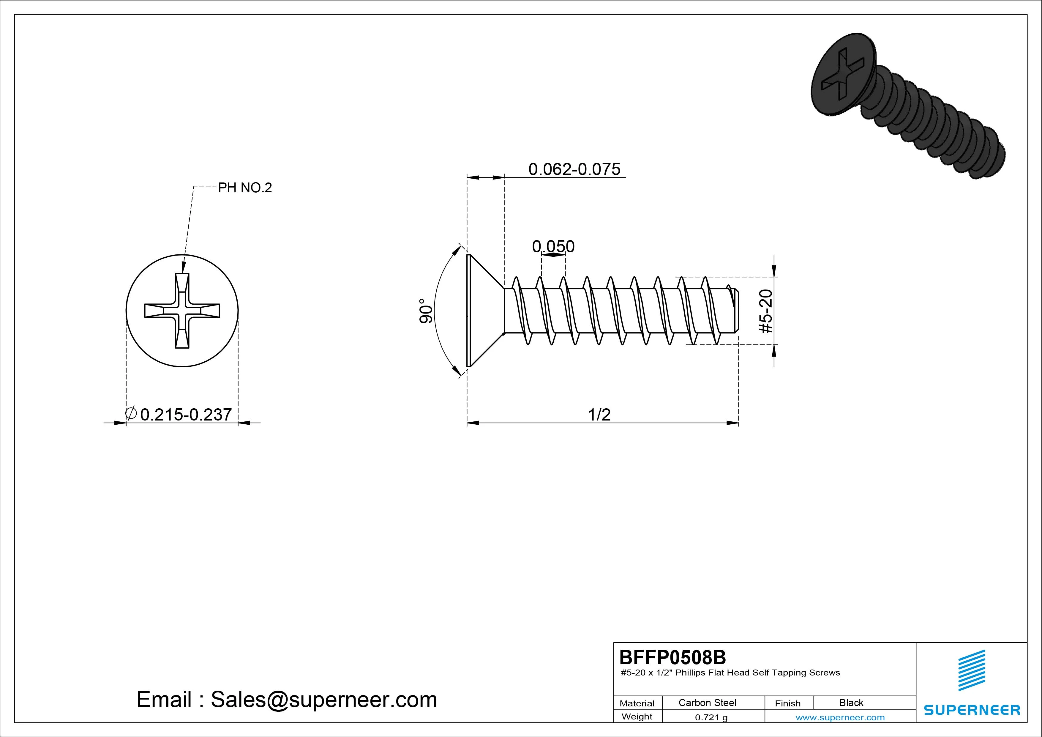 #5-20 x 1/2" Phillips Flat Head Self Tapping Screws Steel Black Zinc Plated