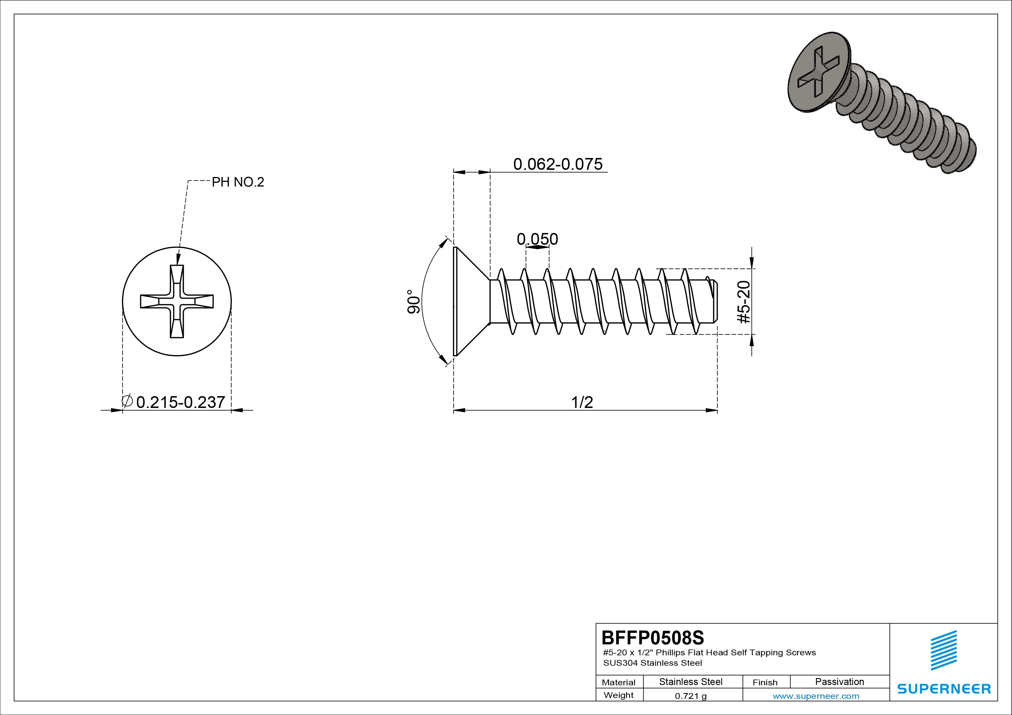 #5-20 x 1/2" Phillips Flat Head Self Tapping Screws SUS304 Stainless Steel