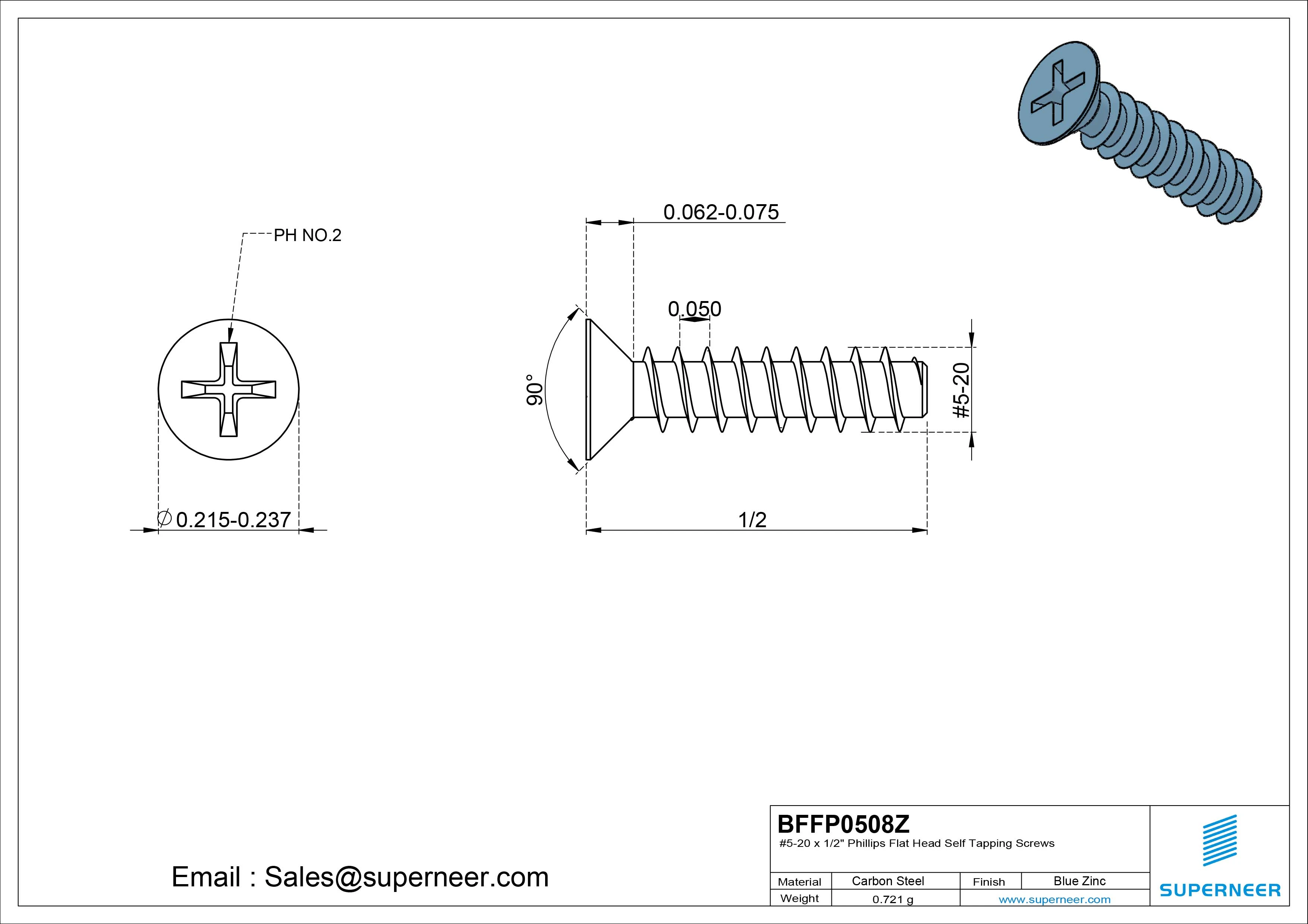 #5-20 x 1/2" Phillips Flat Head Self Tapping Screws Steel Blue Zinc Plated