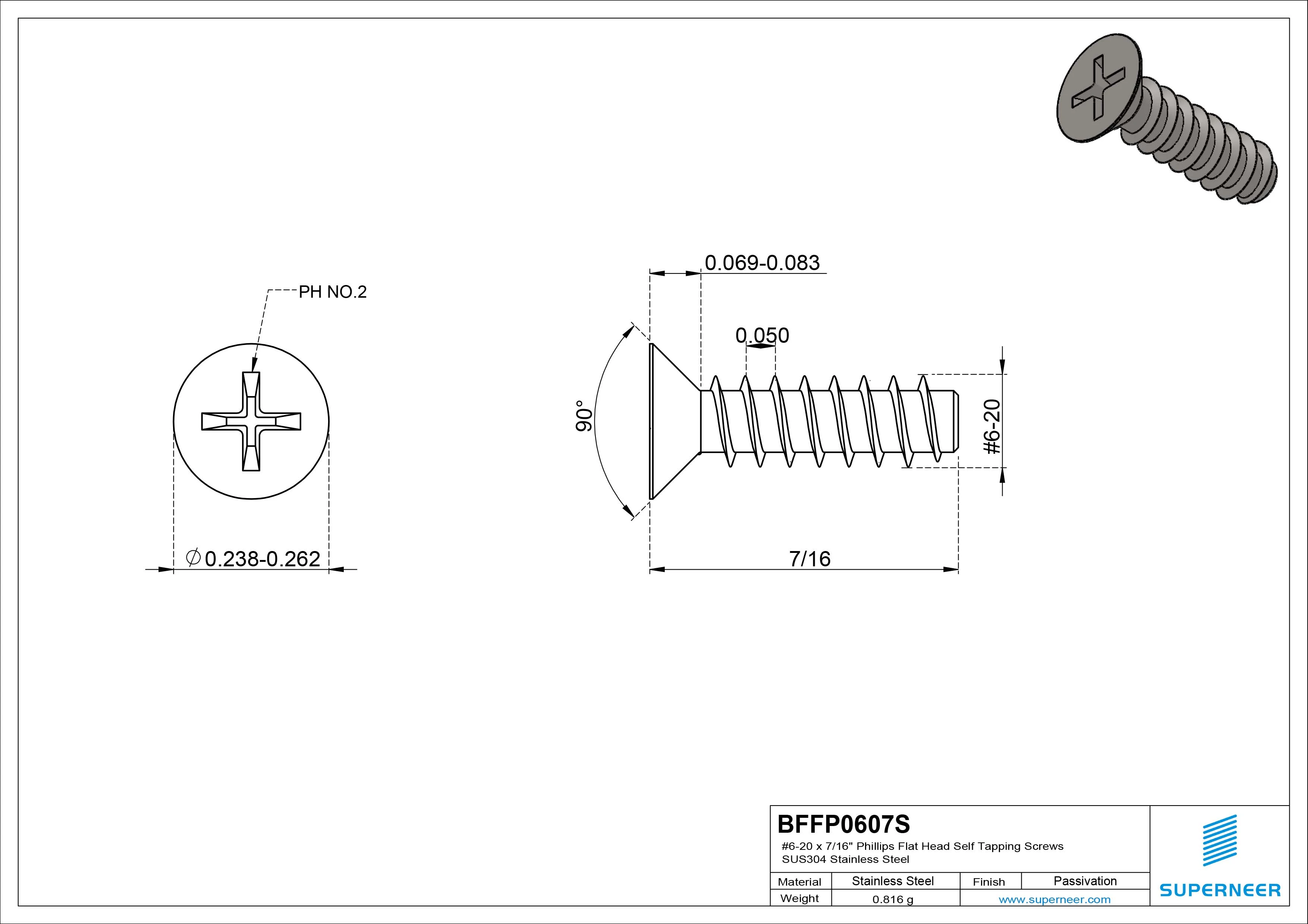 #6-20 x 7/16" Phillips Flat Head Self Tapping Screws SUS304 Stainless Steel