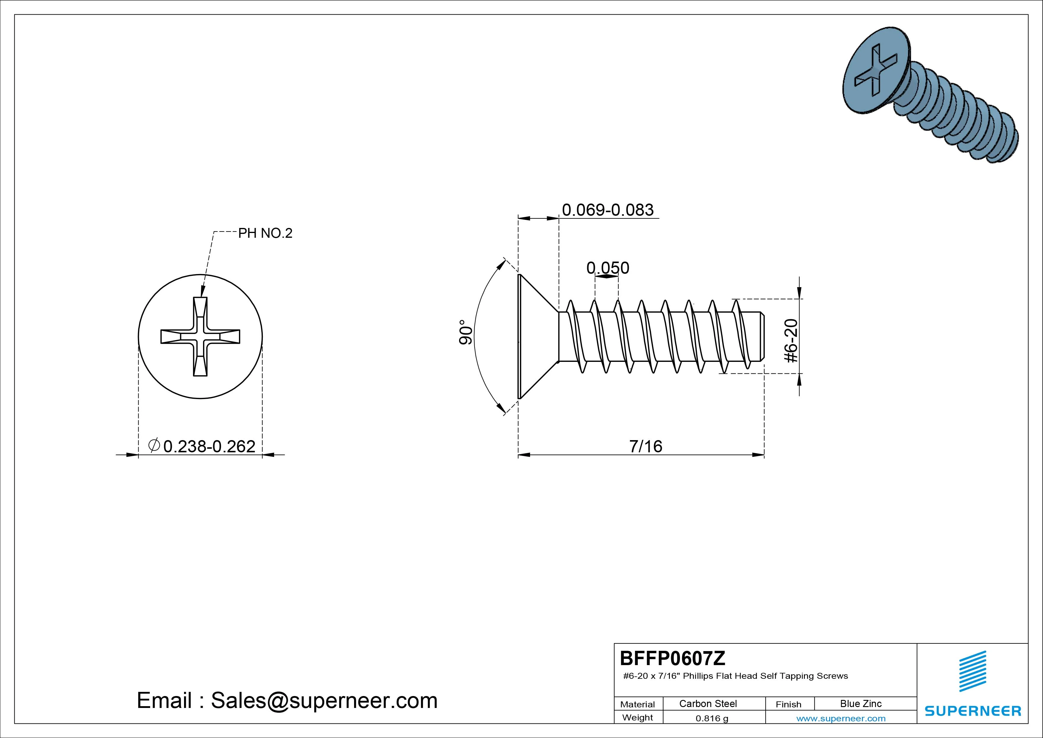 #6-20 x 7/16" Phillips Flat Head Self Tapping Screws Steel Blue Zinc Plated