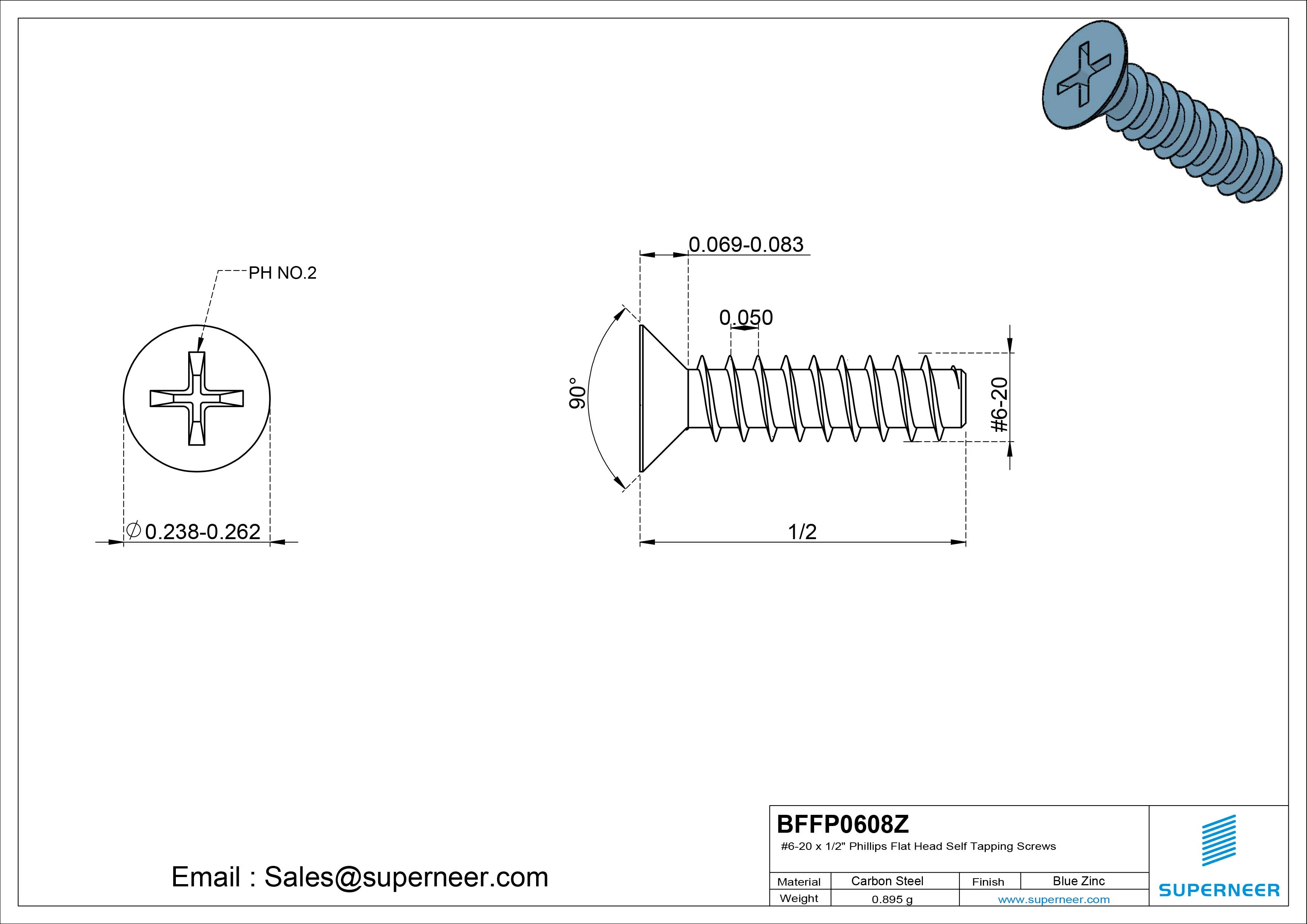 #6-20 x 1/2" Phillips Flat Head Self Tapping Screws Steel Blue Zinc Plated
