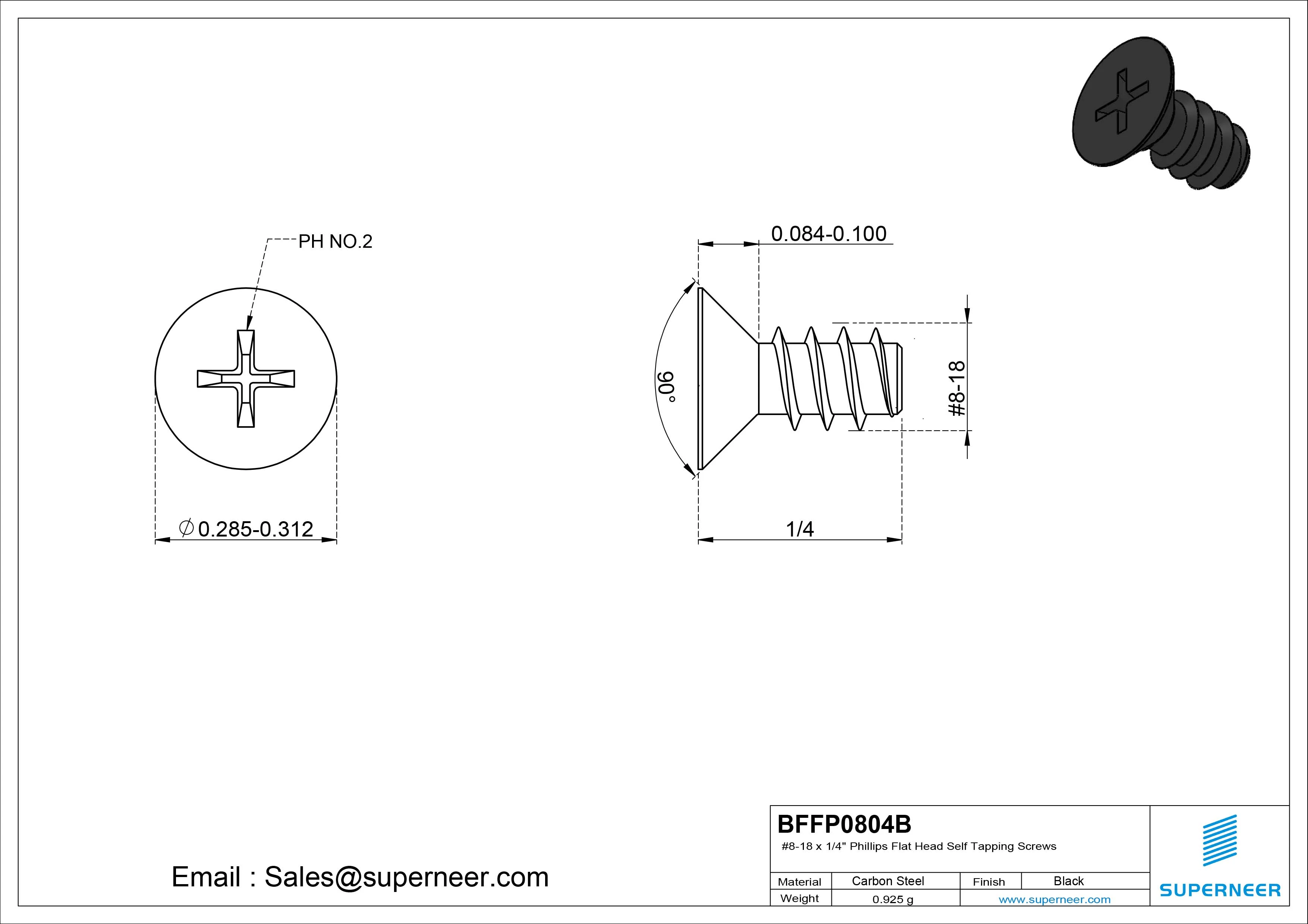 #8-18 x 1/4" Phillips Flat Head Self Tapping Screws Steel Black Zinc Plated