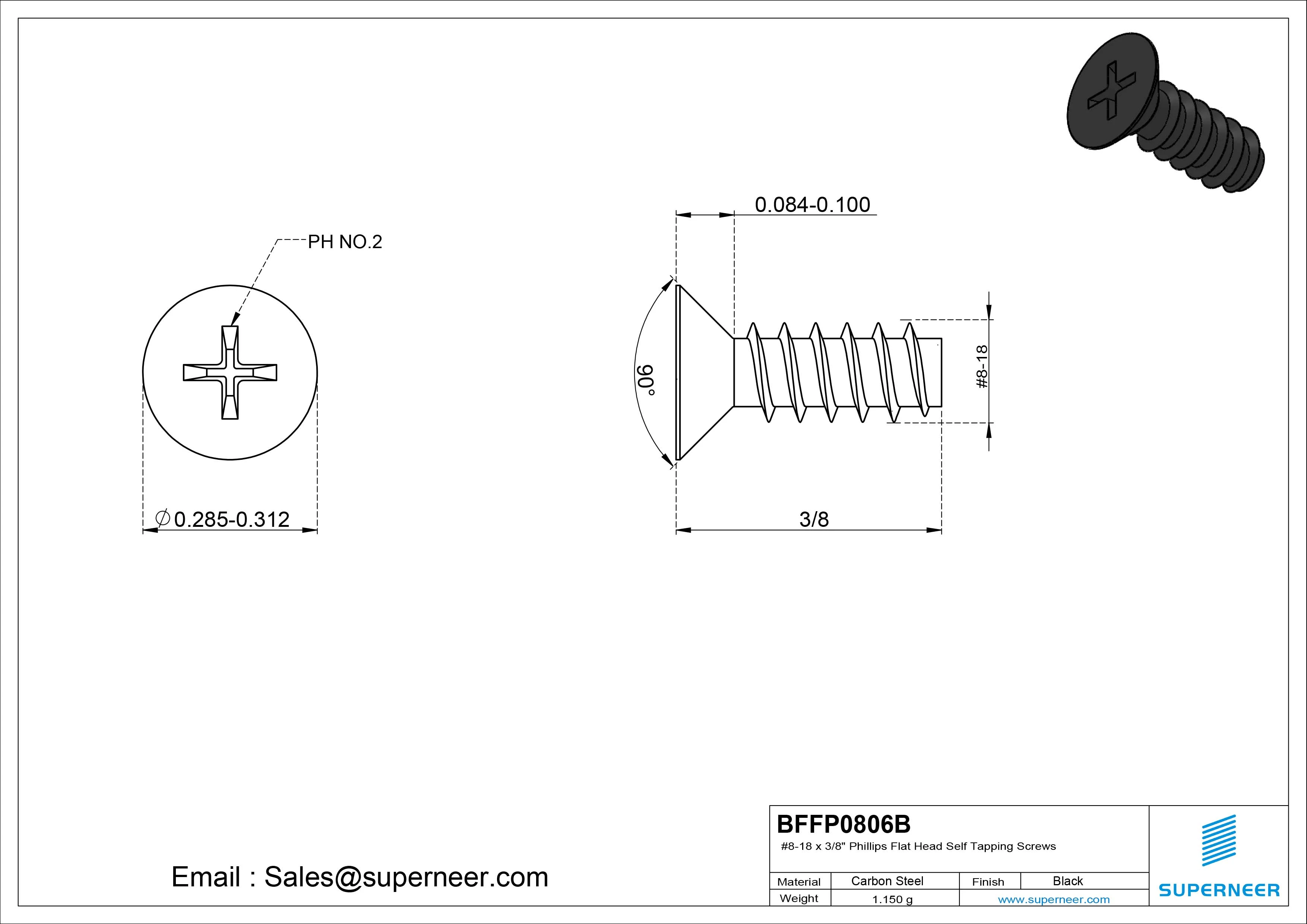 #8-18 x 3/8" Phillips Flat Head Self Tapping Screws Steel Black Zinc Plated