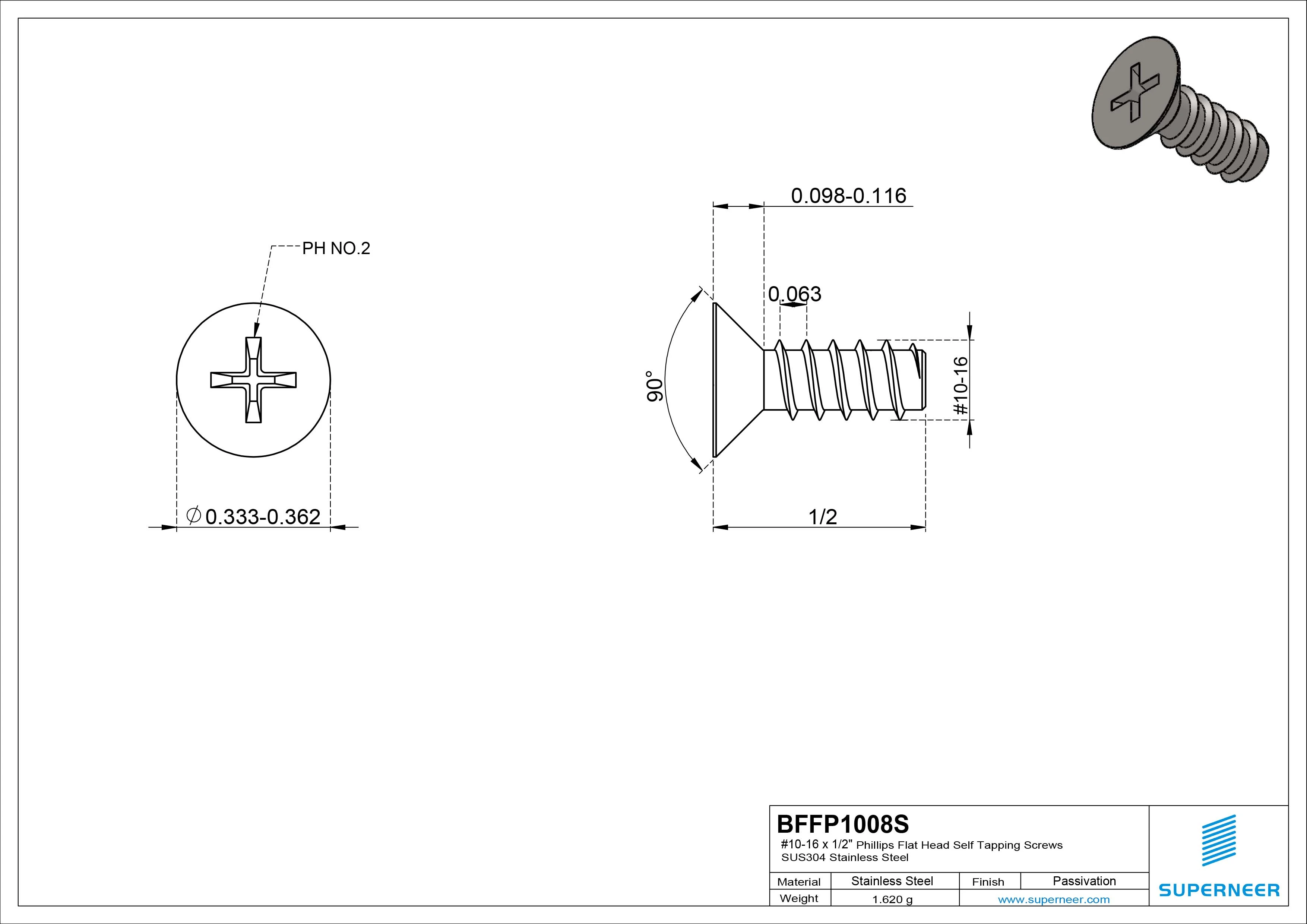 #10-16 x 1/2" Phillips Flat Head Self Tapping Screws SUS304 Stainless Steel