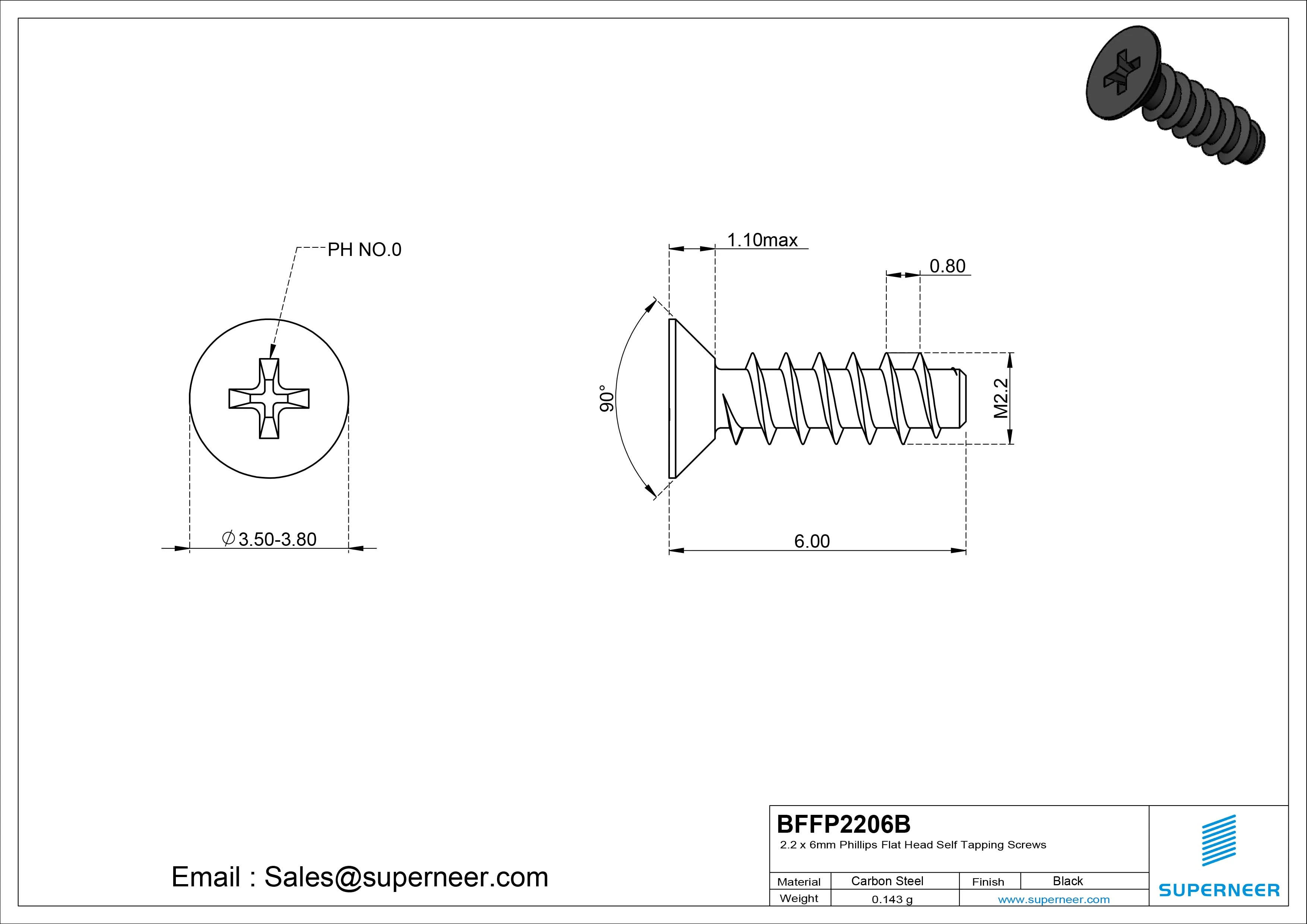 2.2 x 6mm Phillips Flat Head Self Tapping Screws Steel Black Zinc Plated