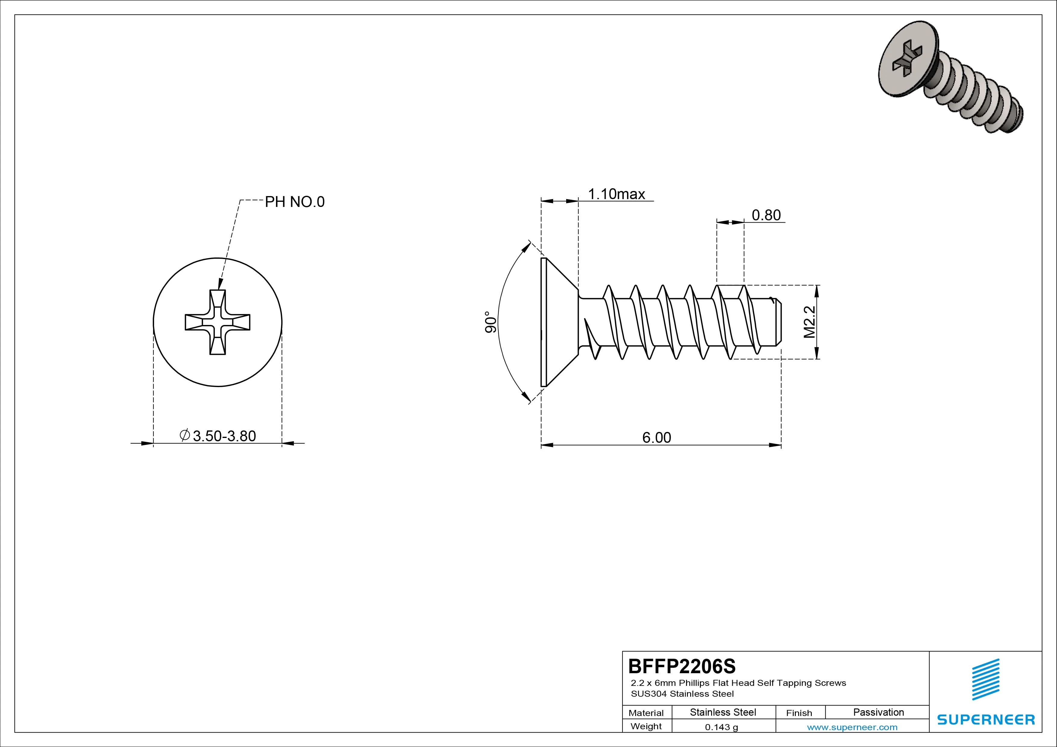 2.2 x 6mm Phillips Flat Head Self Tapping Screws SUS304 Stainless Steel