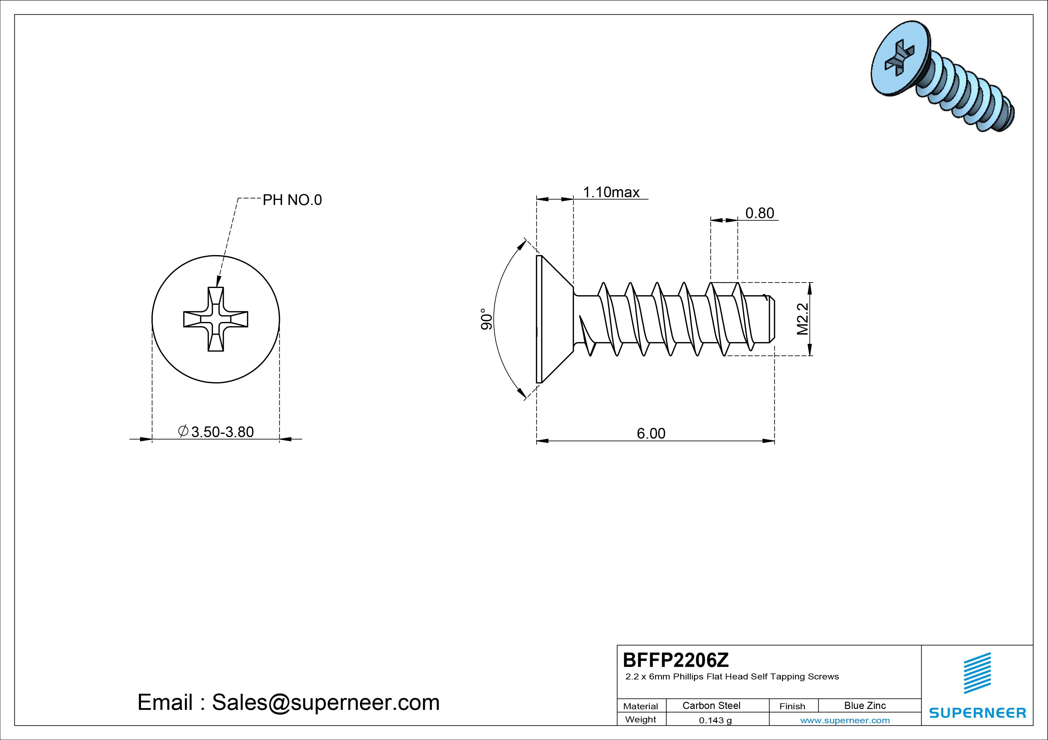 2.2 x 6mm Phillips Flat Head Self Tapping Screws Steel Blue Zinc Plated