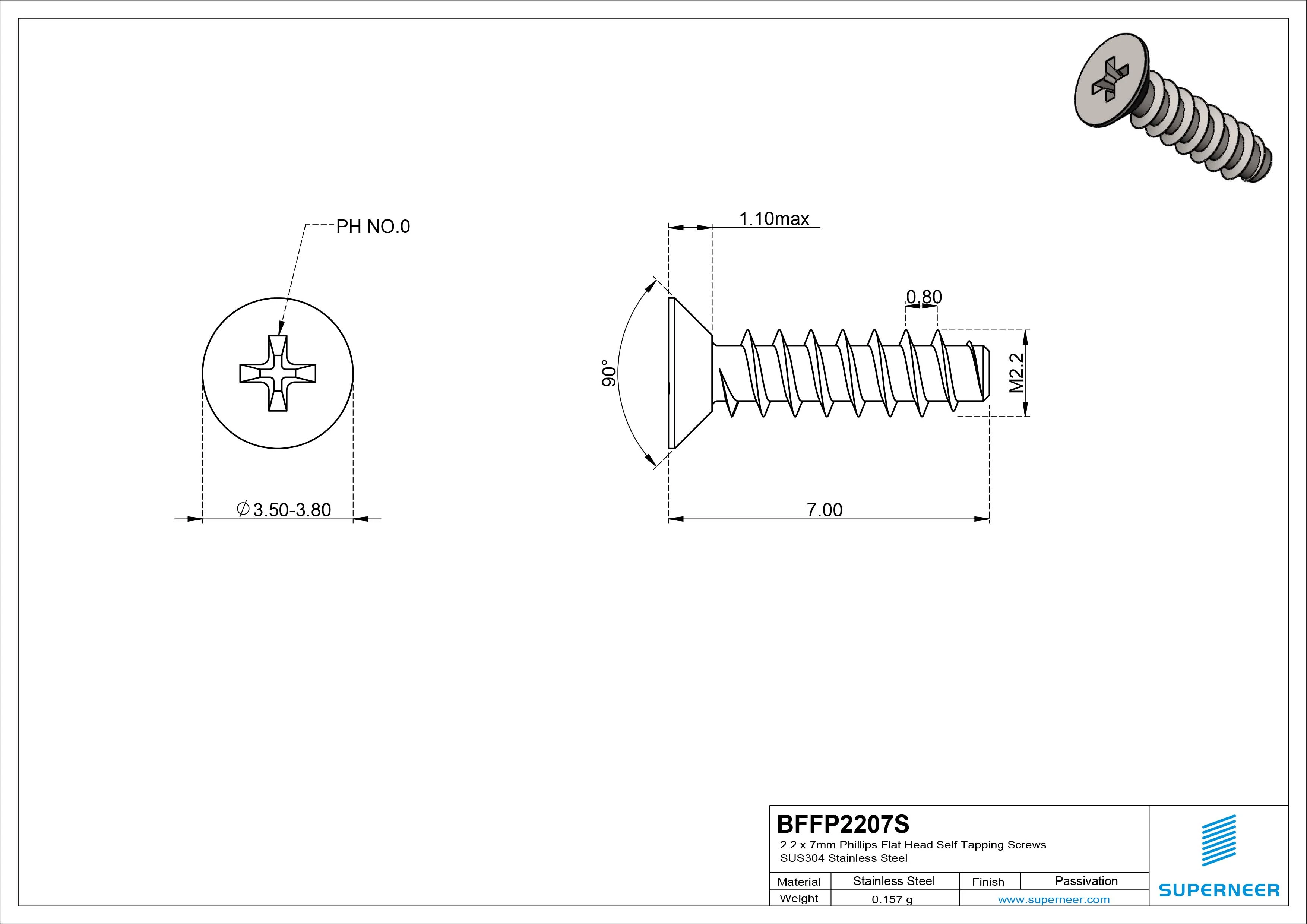 2.2 x 7mm Phillips Flat Head Self Tapping Screws SUS304 Stainless Steel