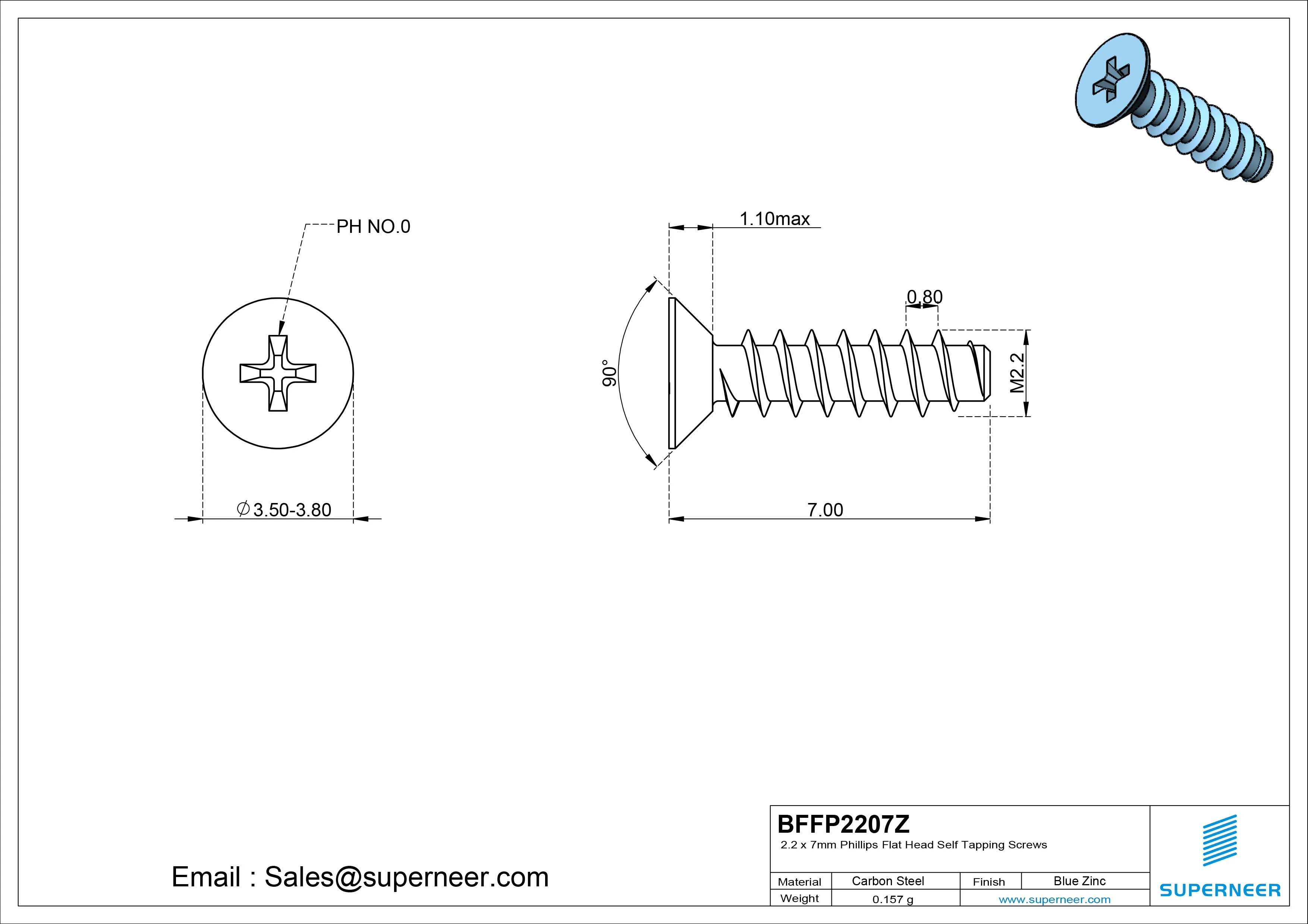 2.2 x 7mm Phillips Flat Head Self Tapping Screws Steel Blue Zinc Plated