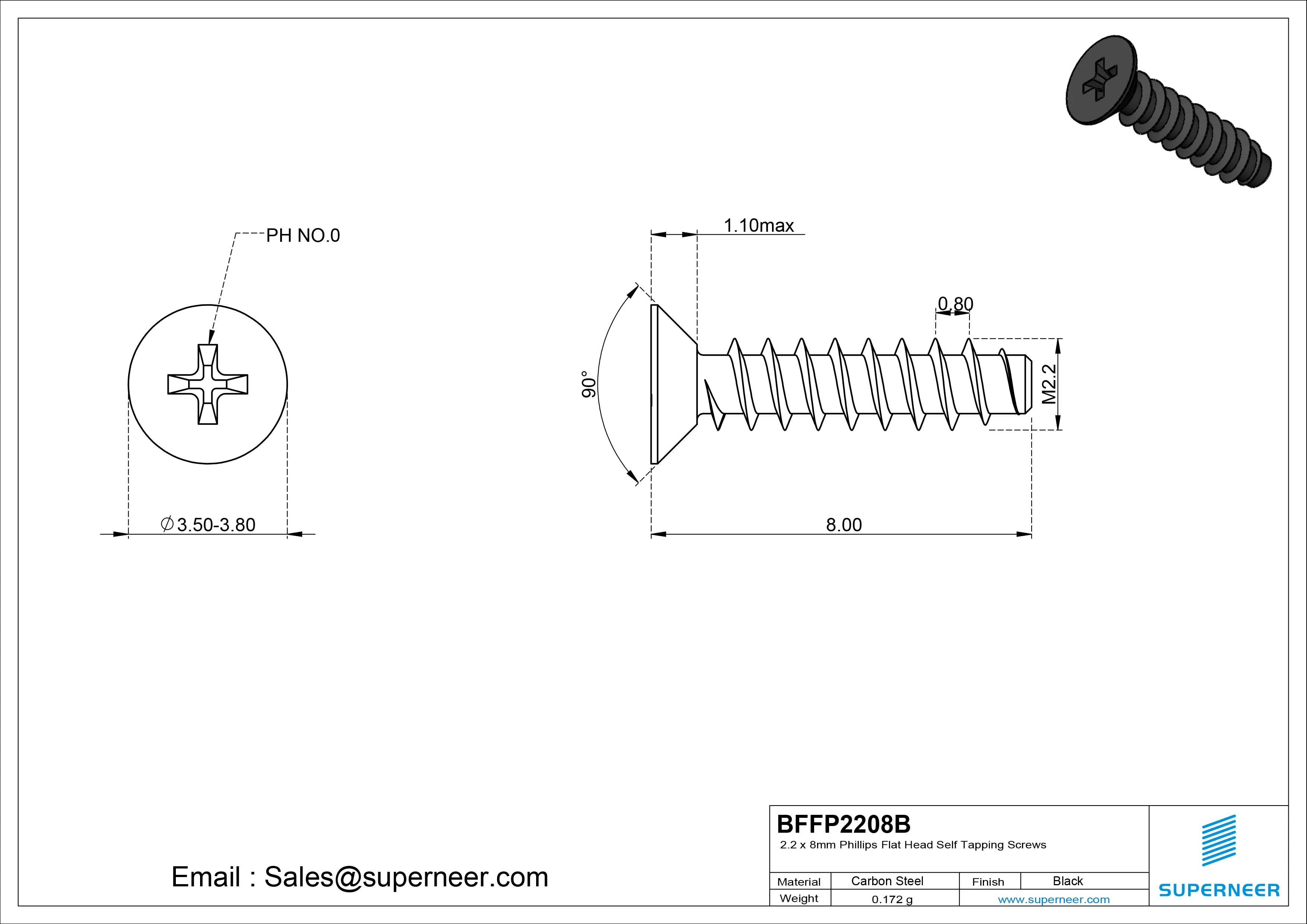 2.2 x 8mm Phillips Flat Head Self Tapping Screws Steel Black Zinc Plated
