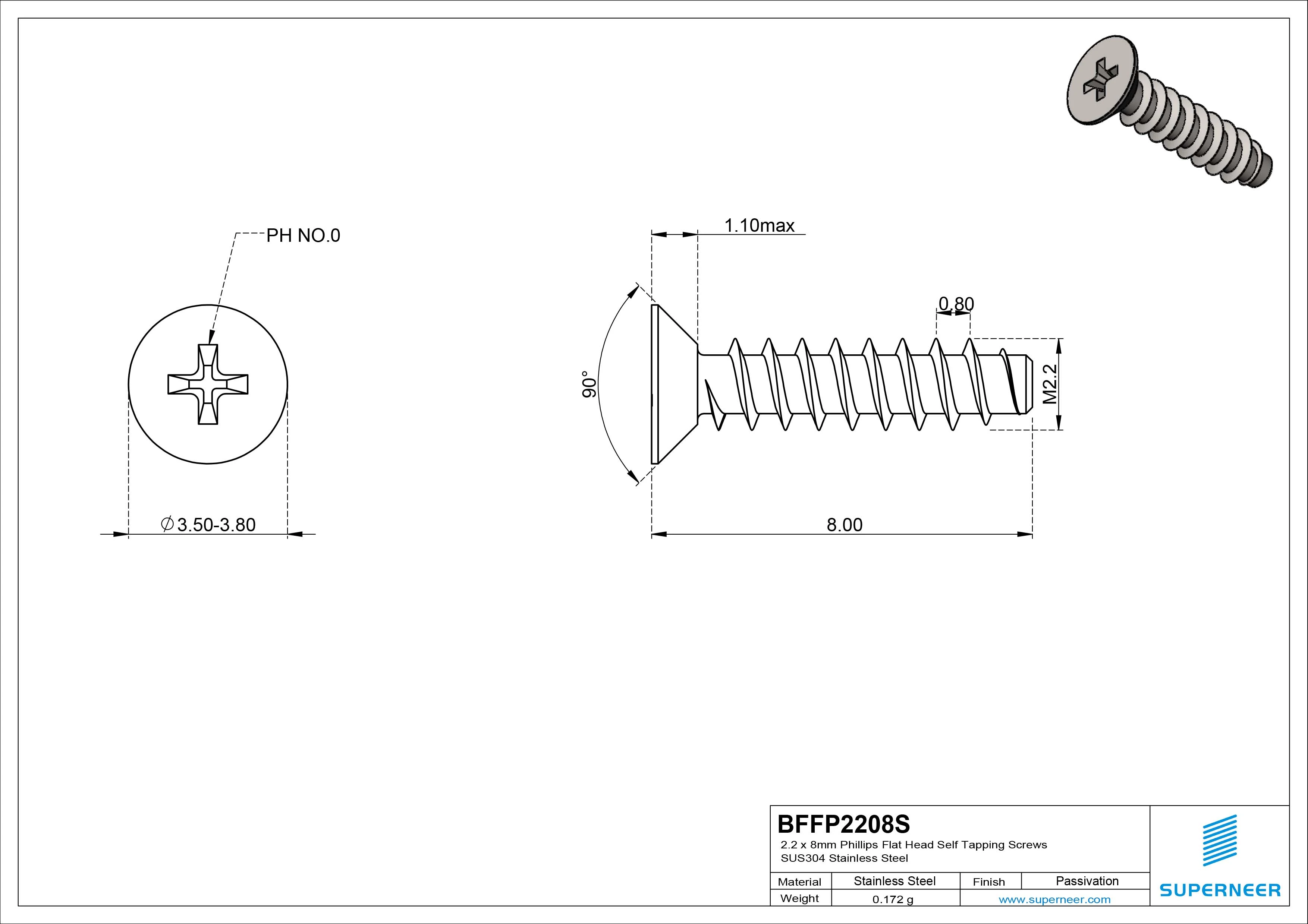 2.2 x 8mm Phillips Flat Head Self Tapping Screws SUS304 Stainless Steel