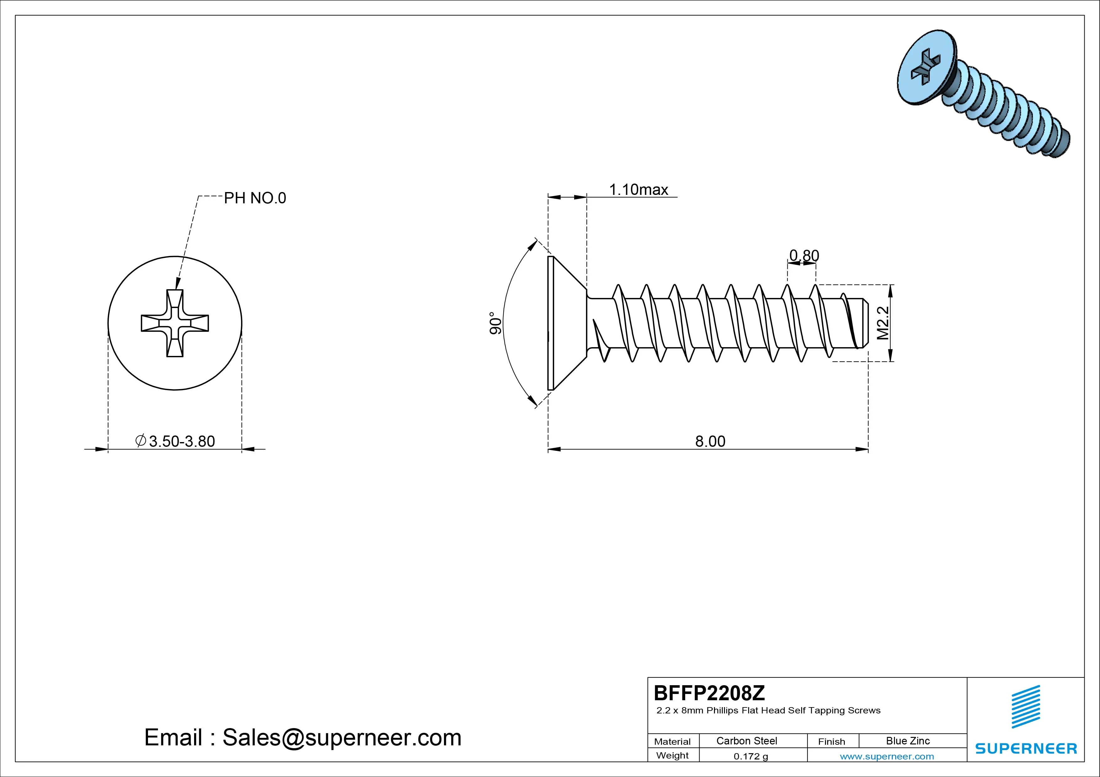2.2 x 8mm Phillips Flat Head Self Tapping Screws Steel Blue Zinc Plated