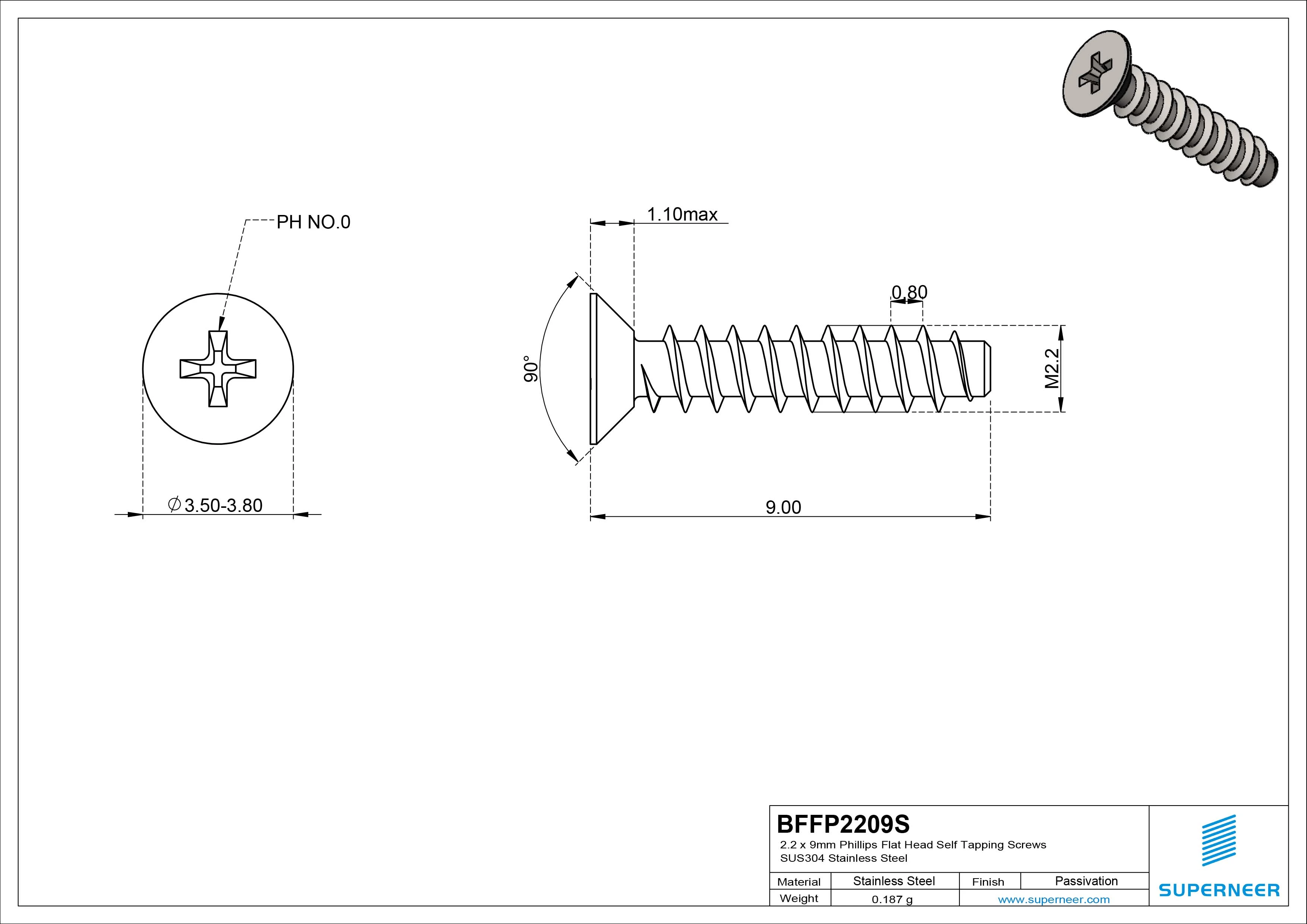 2.2 x 9mm Phillips Flat Head Self Tapping Screws SUS304 Stainless Steel