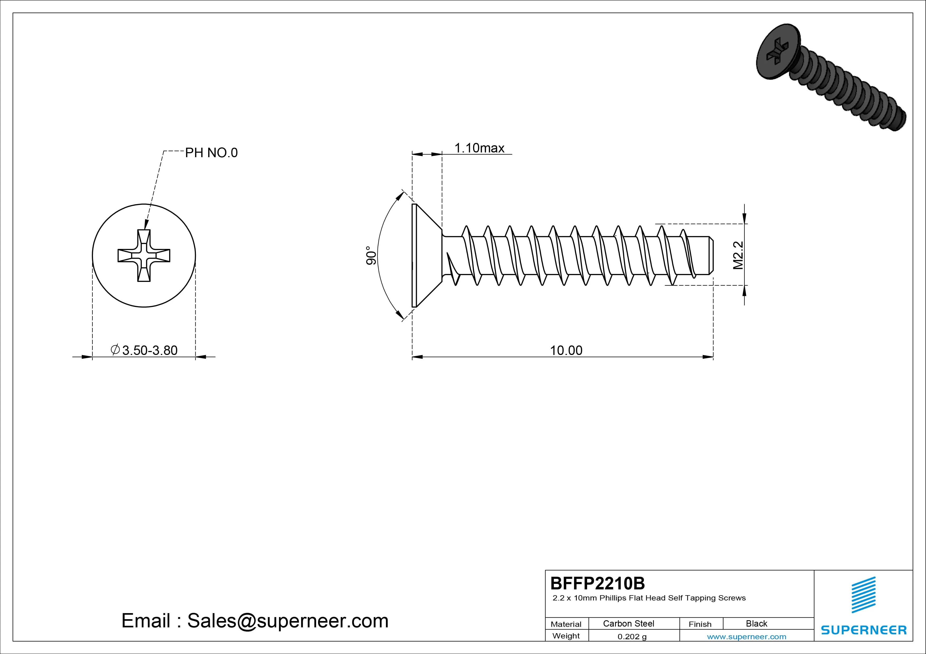2.2 x 10mm Phillips Flat Head Self Tapping Screws Steel Black Zinc Plated