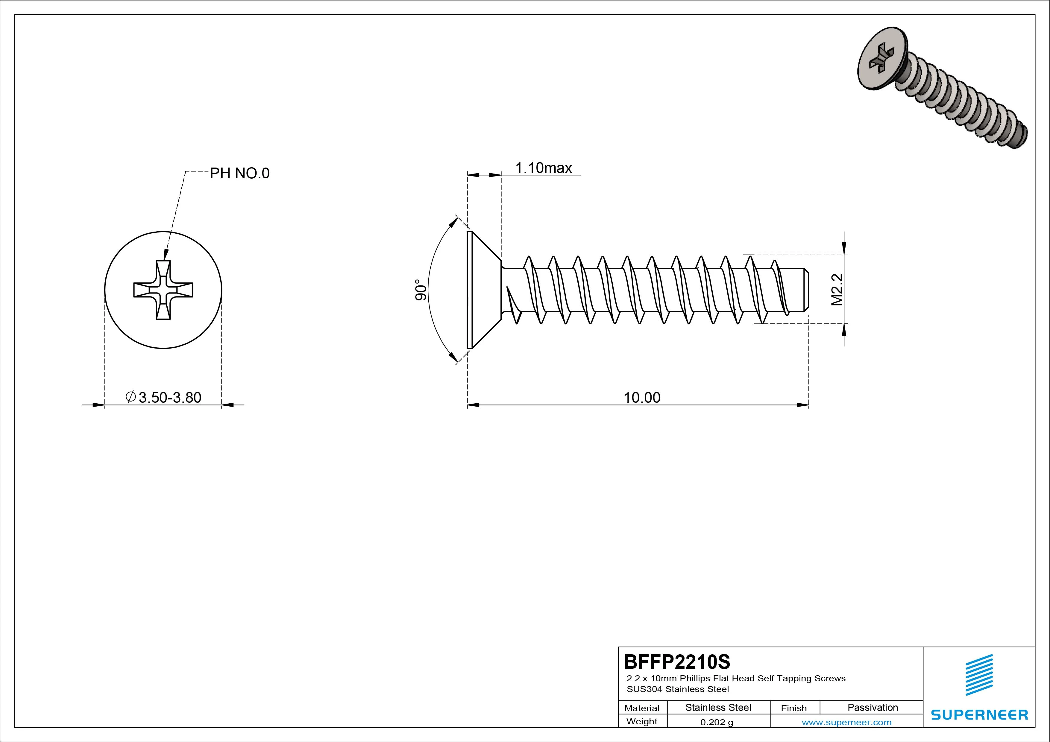 2.2 x 10mm Phillips Flat Head Self Tapping Screws SUS304 Stainless Steel