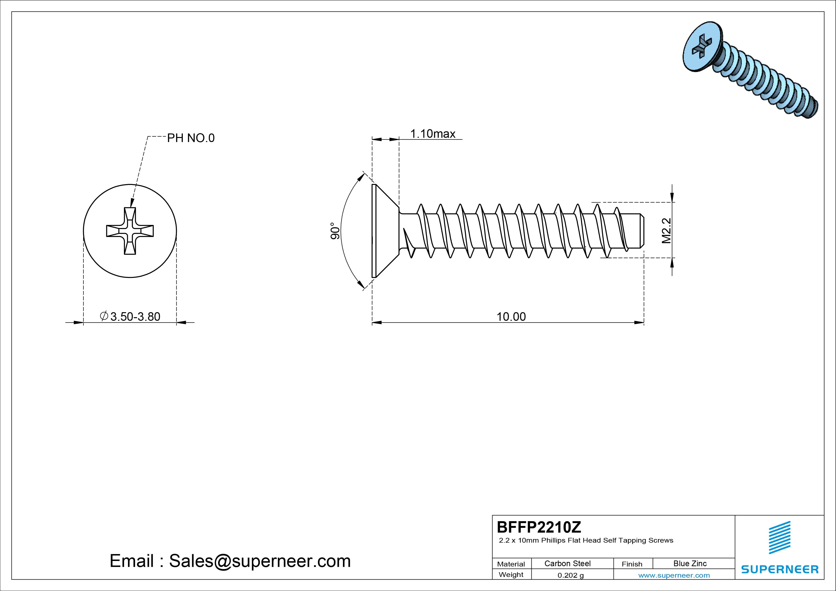 2.2 x 10mm Phillips Flat Head Self Tapping Screws Steel Blue Zinc Plated