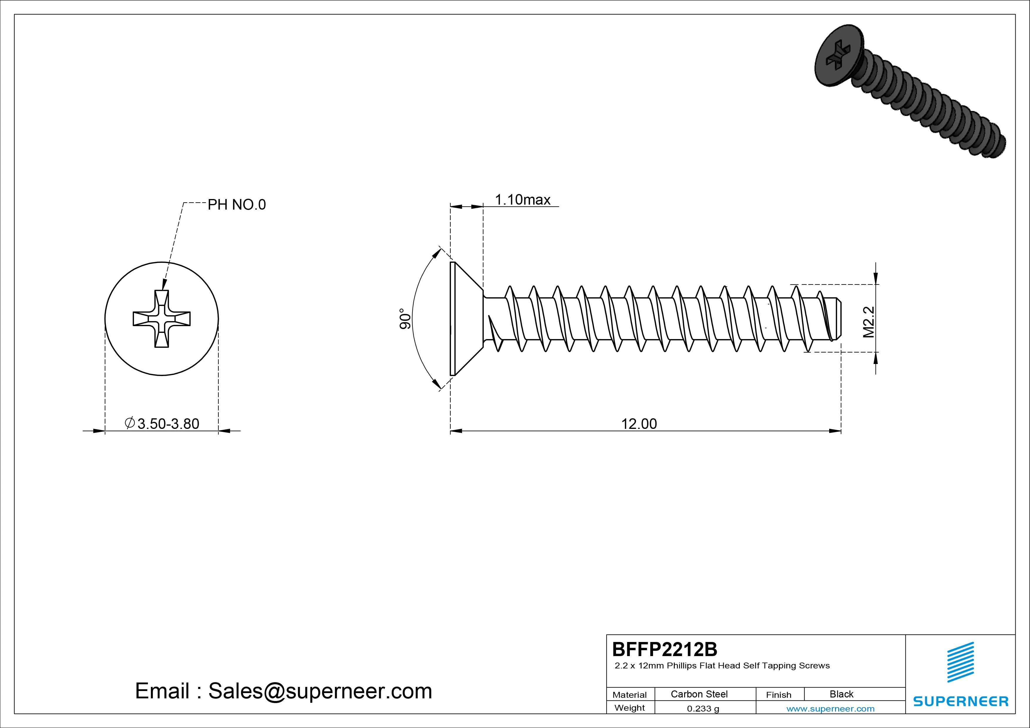 2.2 x 12mm Phillips Flat Head Self Tapping Screws Steel Black Zinc Plated