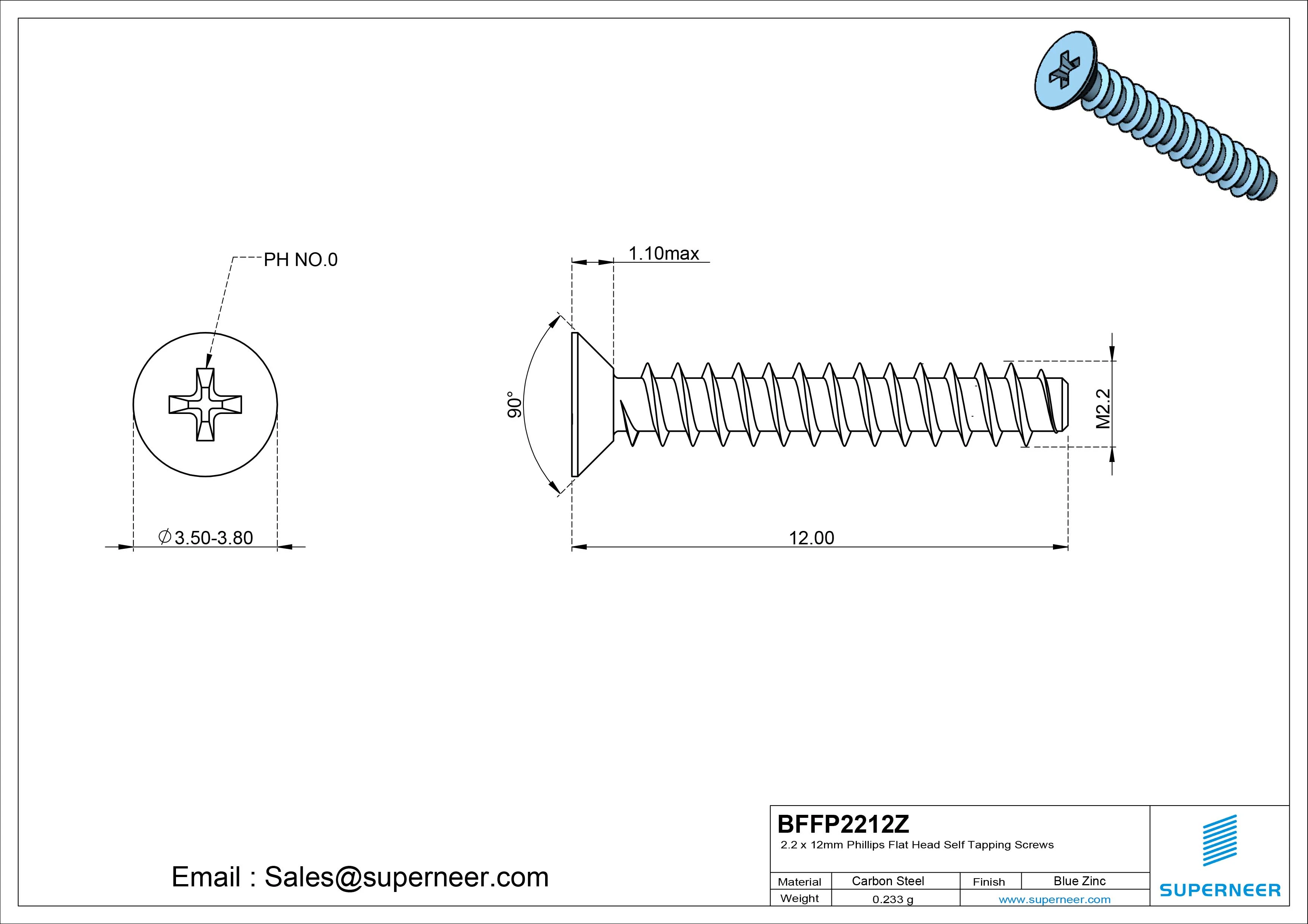 2.2 x 12mm Phillips Flat Head Self Tapping Screws Steel Blue Zinc Plated
