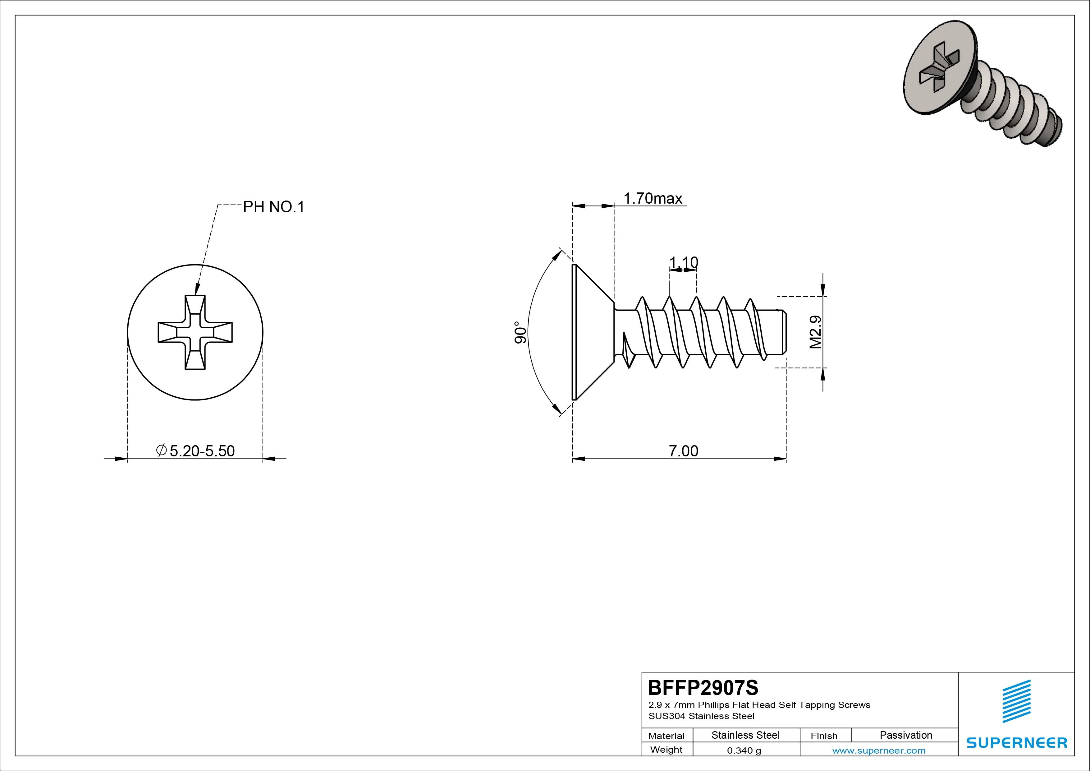 2.9 x 7mm Phillips Flat Head Self Tapping Screws SUS304 Stainless Steel