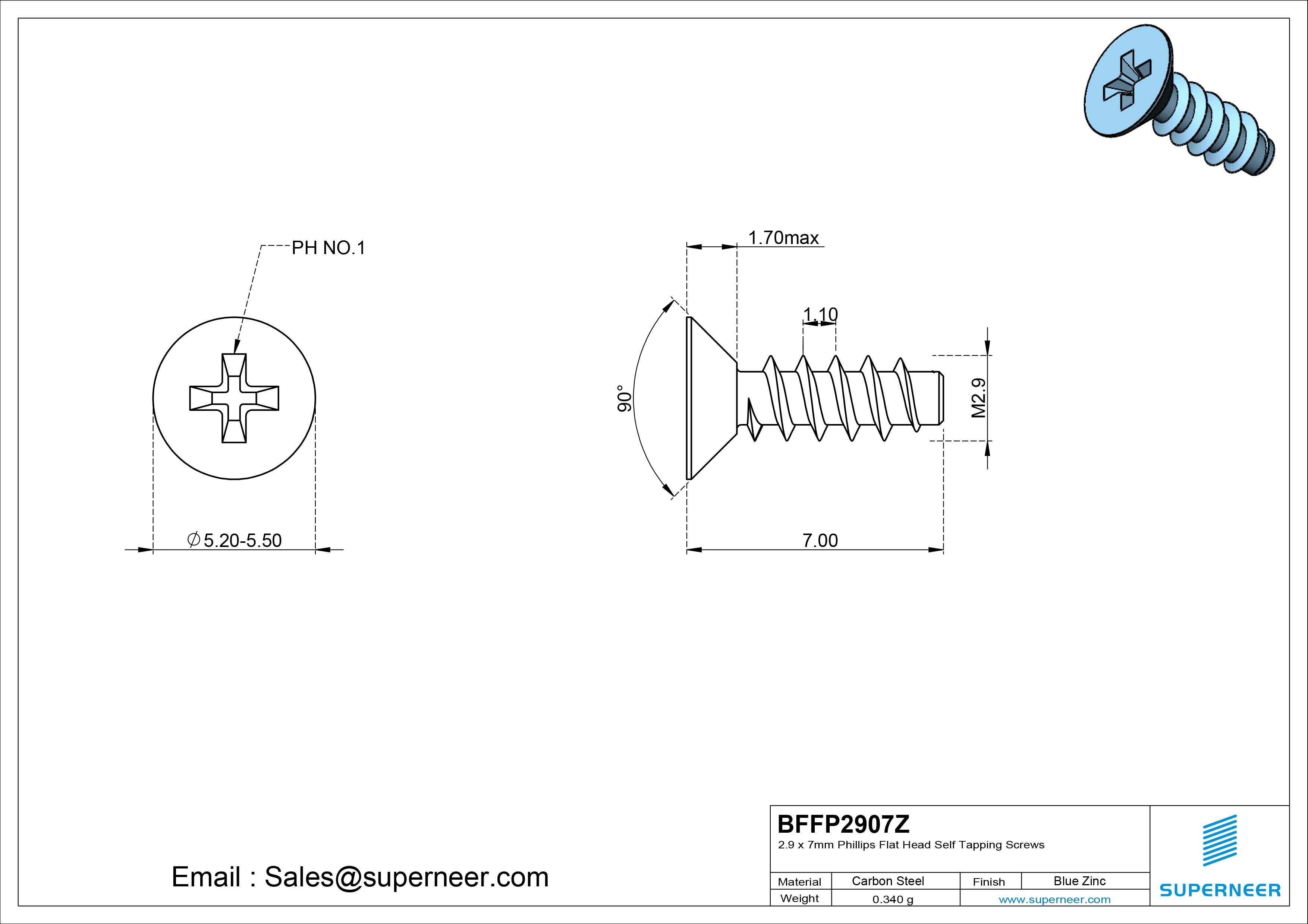 2.9 x 7mm Phillips Flat Head Self Tapping Screws Steel Blue Zinc Plated