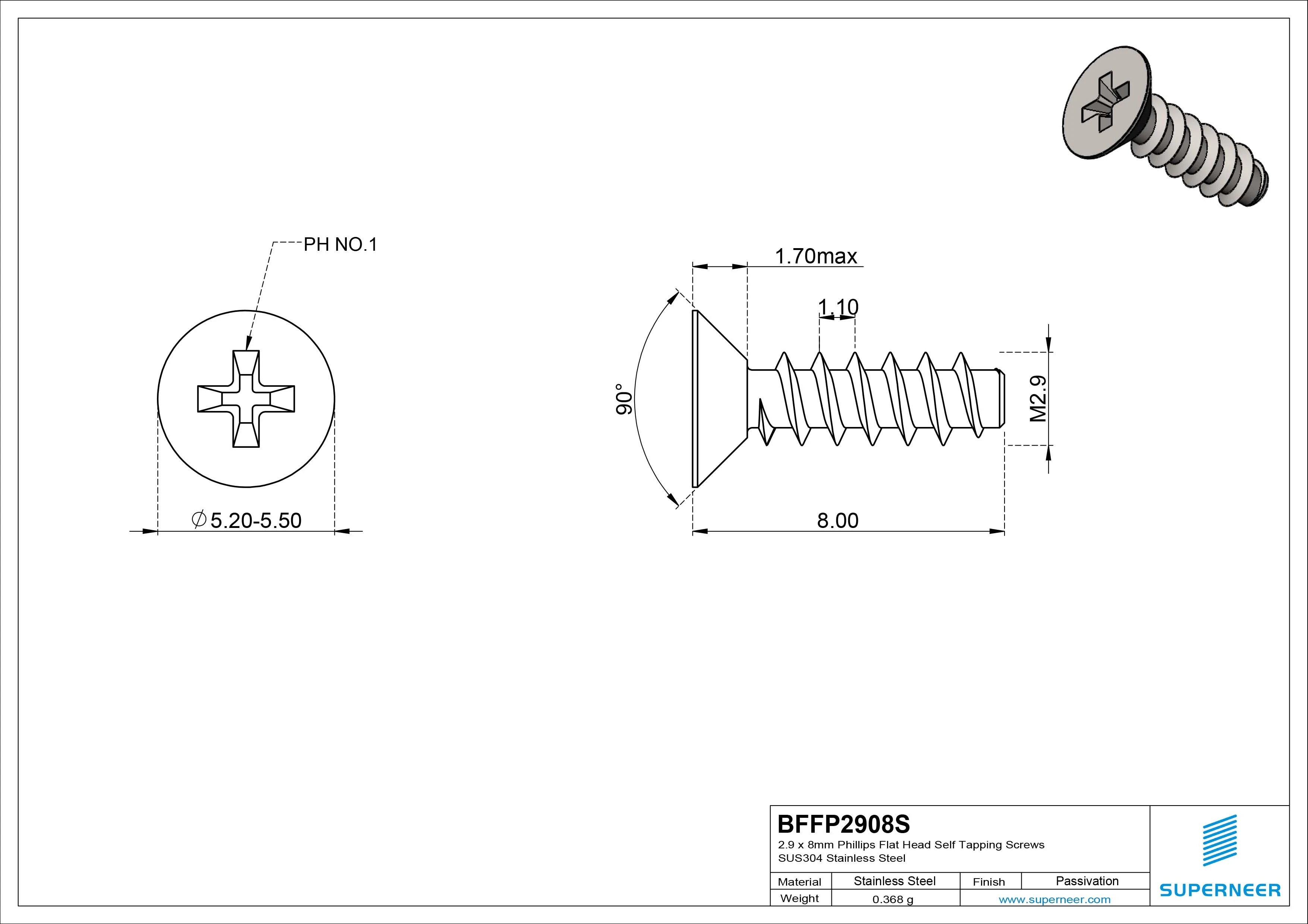 2.9 x 8mm Phillips Flat Head Self Tapping Screws SUS304 Stainless Steel