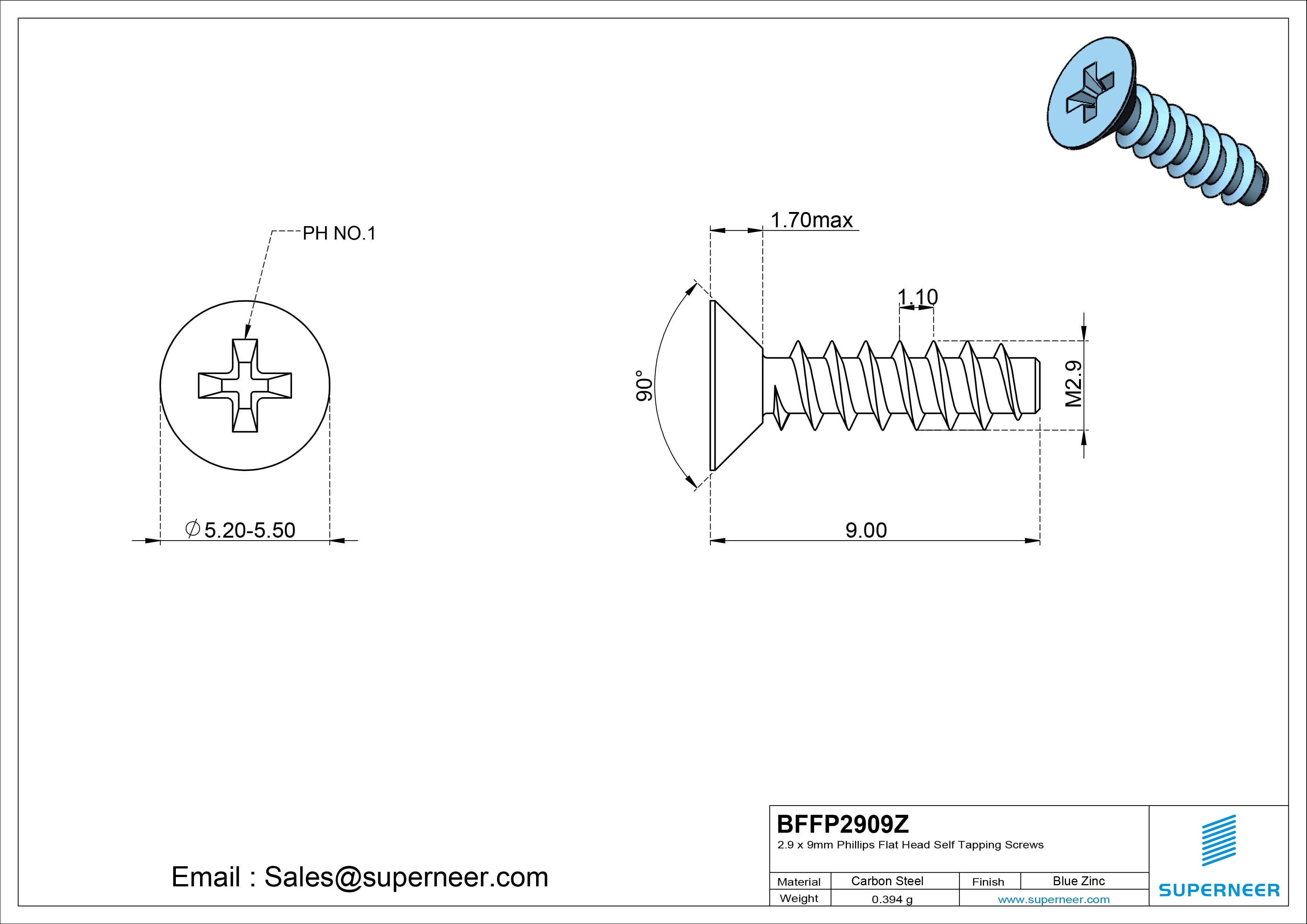 2.9 x 9mm Phillips Flat Head Self Tapping Screws Steel Blue Zinc Plated