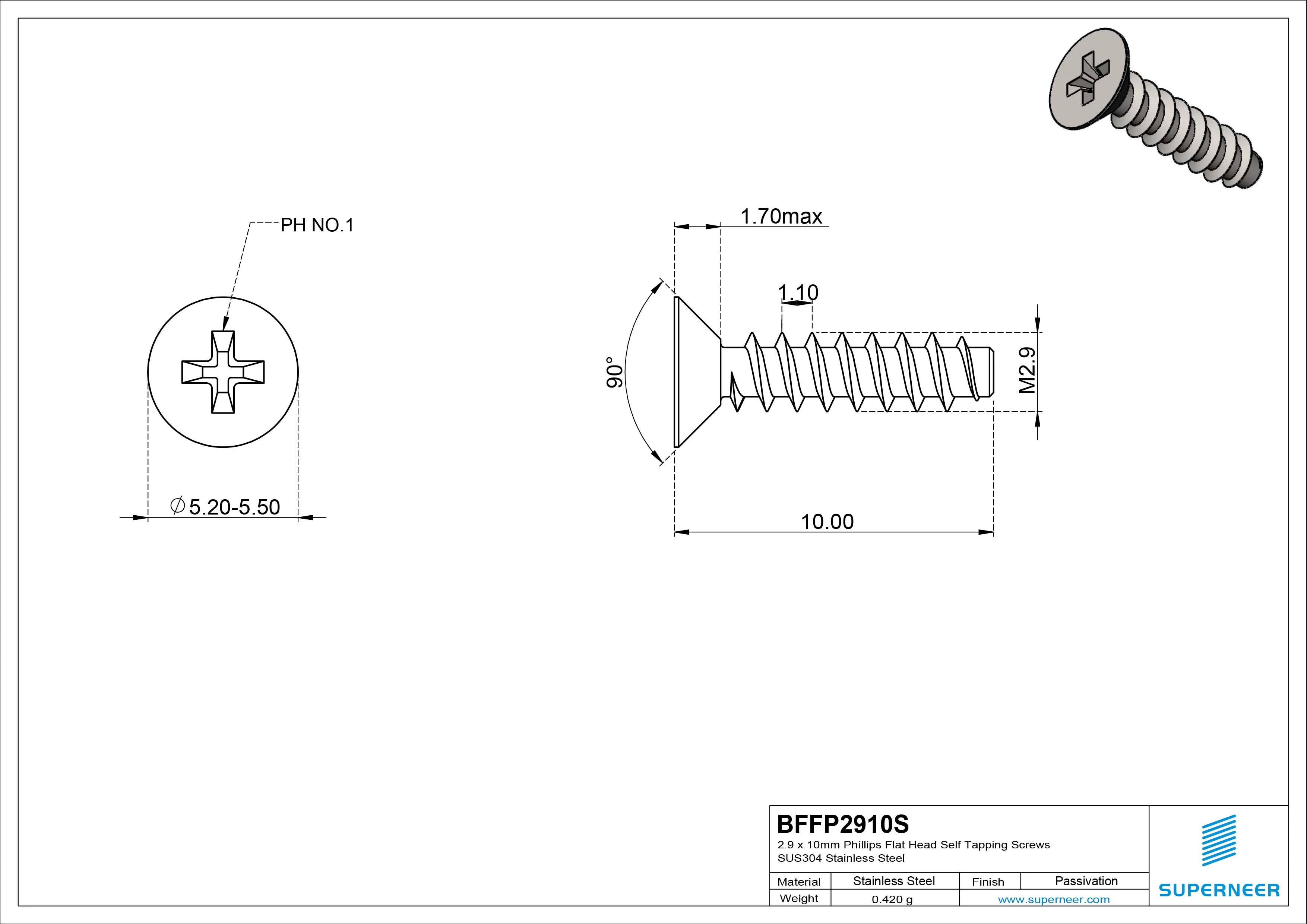 2.9 x 10mm Phillips Flat Head Self Tapping Screws SUS304 Stainless Steel