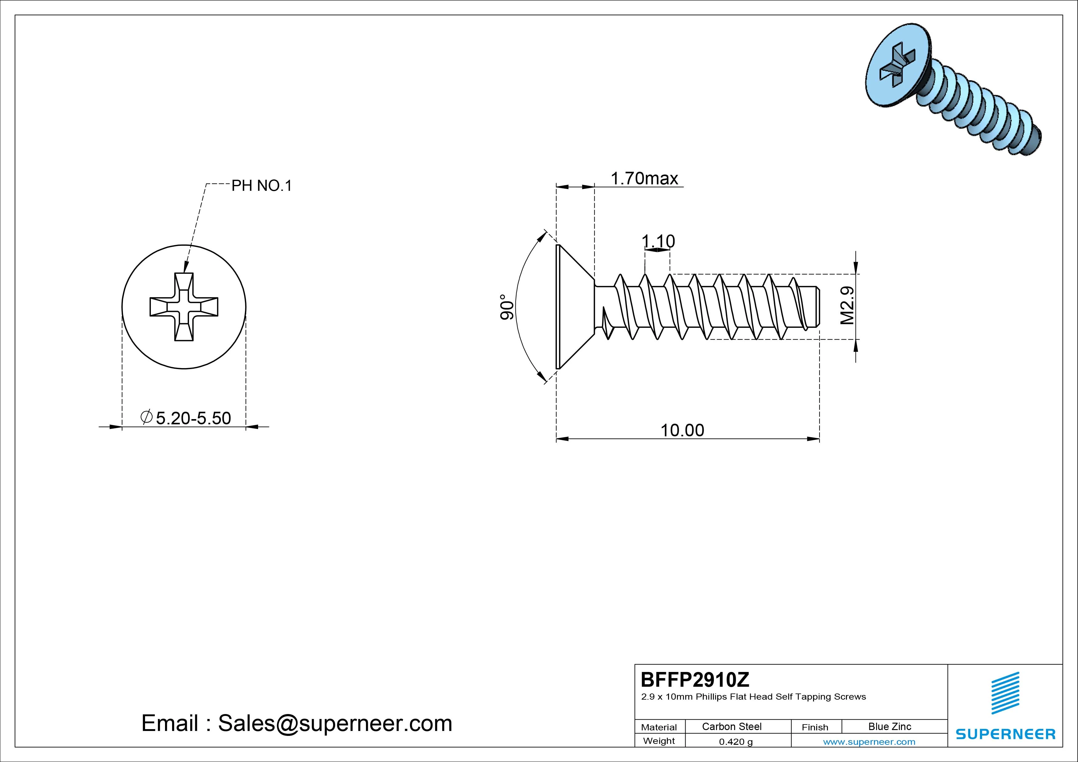 2.9 x 10mm Phillips Flat Head Self Tapping Screws Steel Blue Zinc Plated