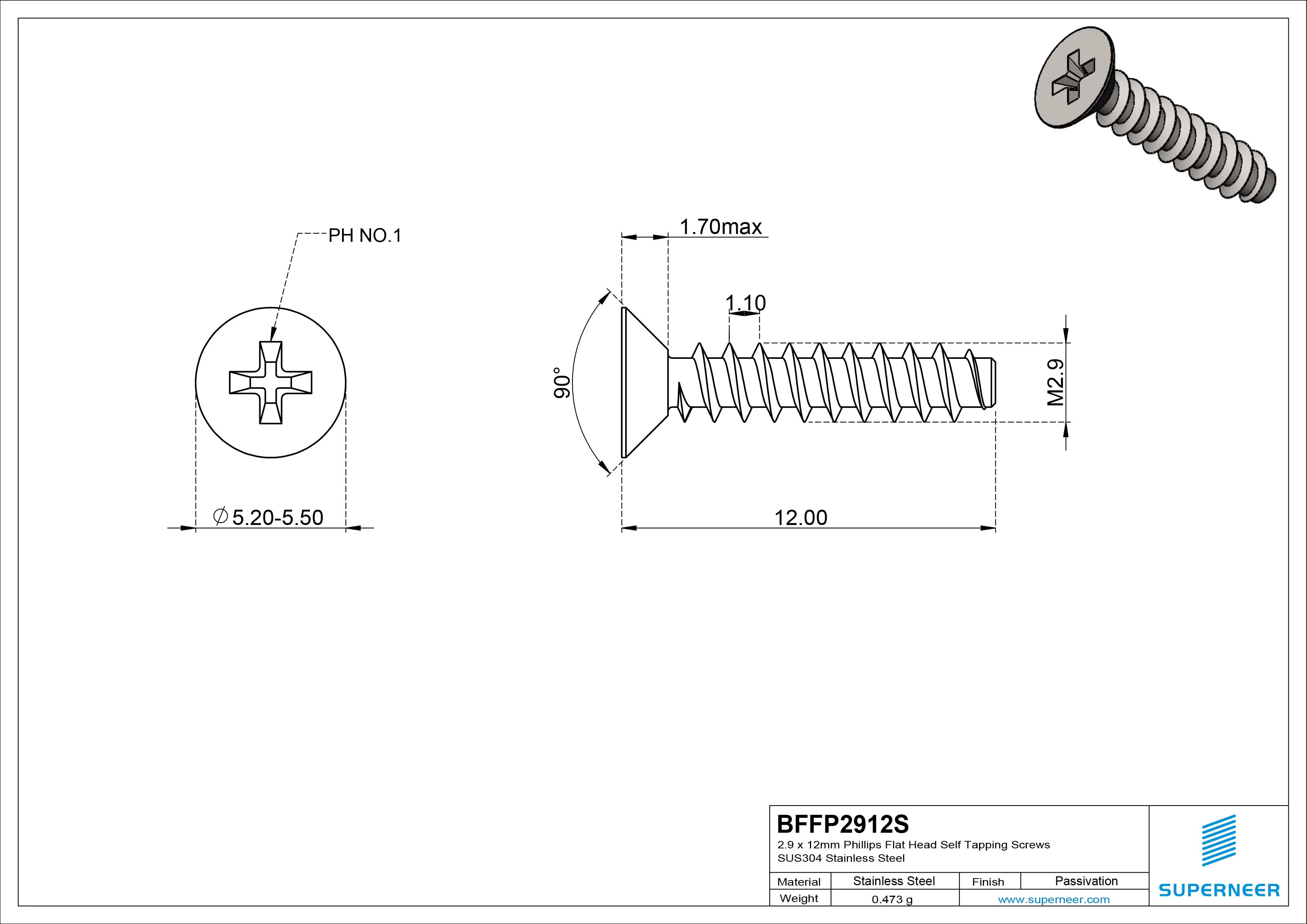 2.9 x 12mm Phillips Flat Head Self Tapping Screws SUS304 Stainless Steel