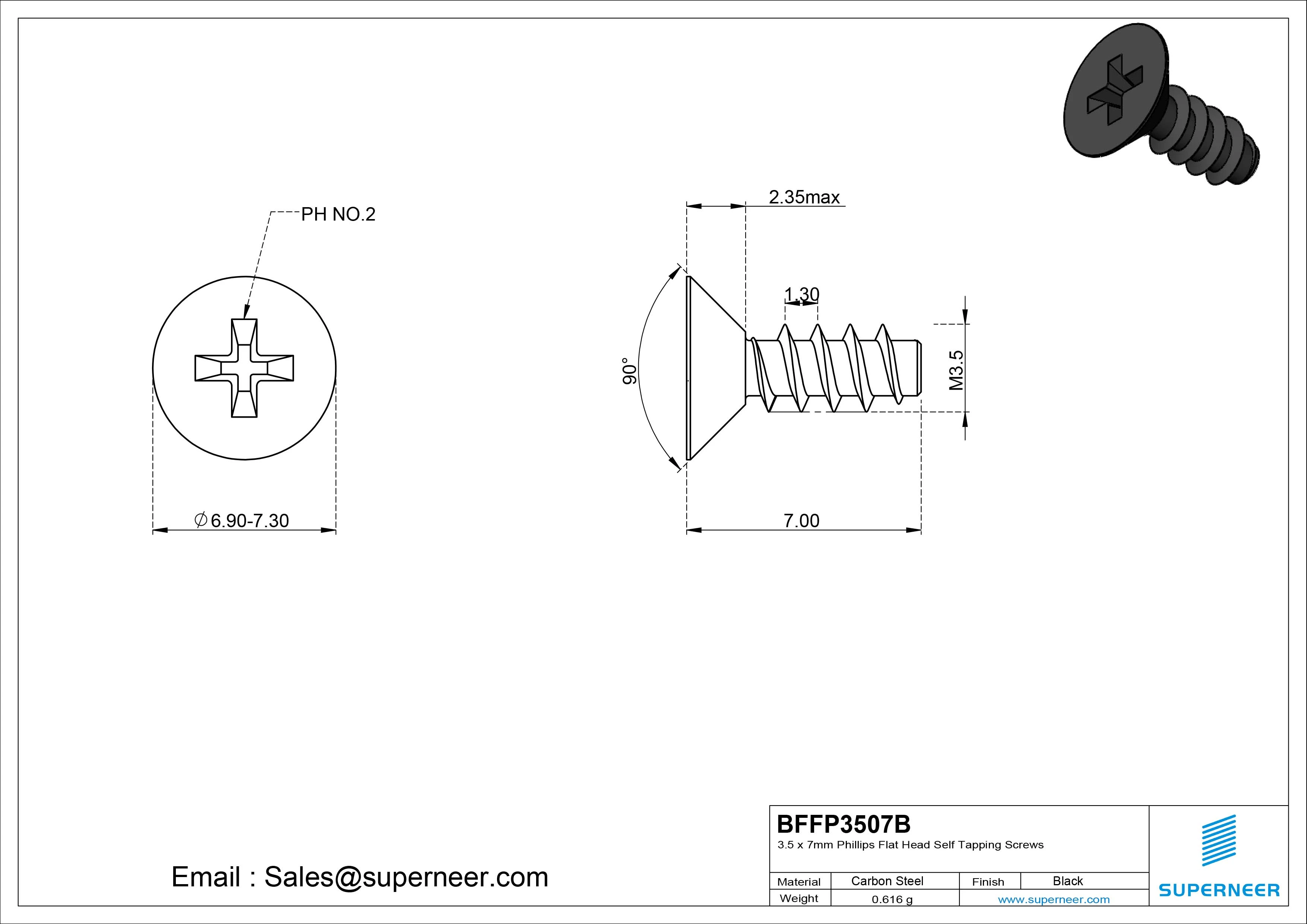 3.5 x 7mm Phillips Flat Head Self Tapping Screws Steel Black Zinc Plated