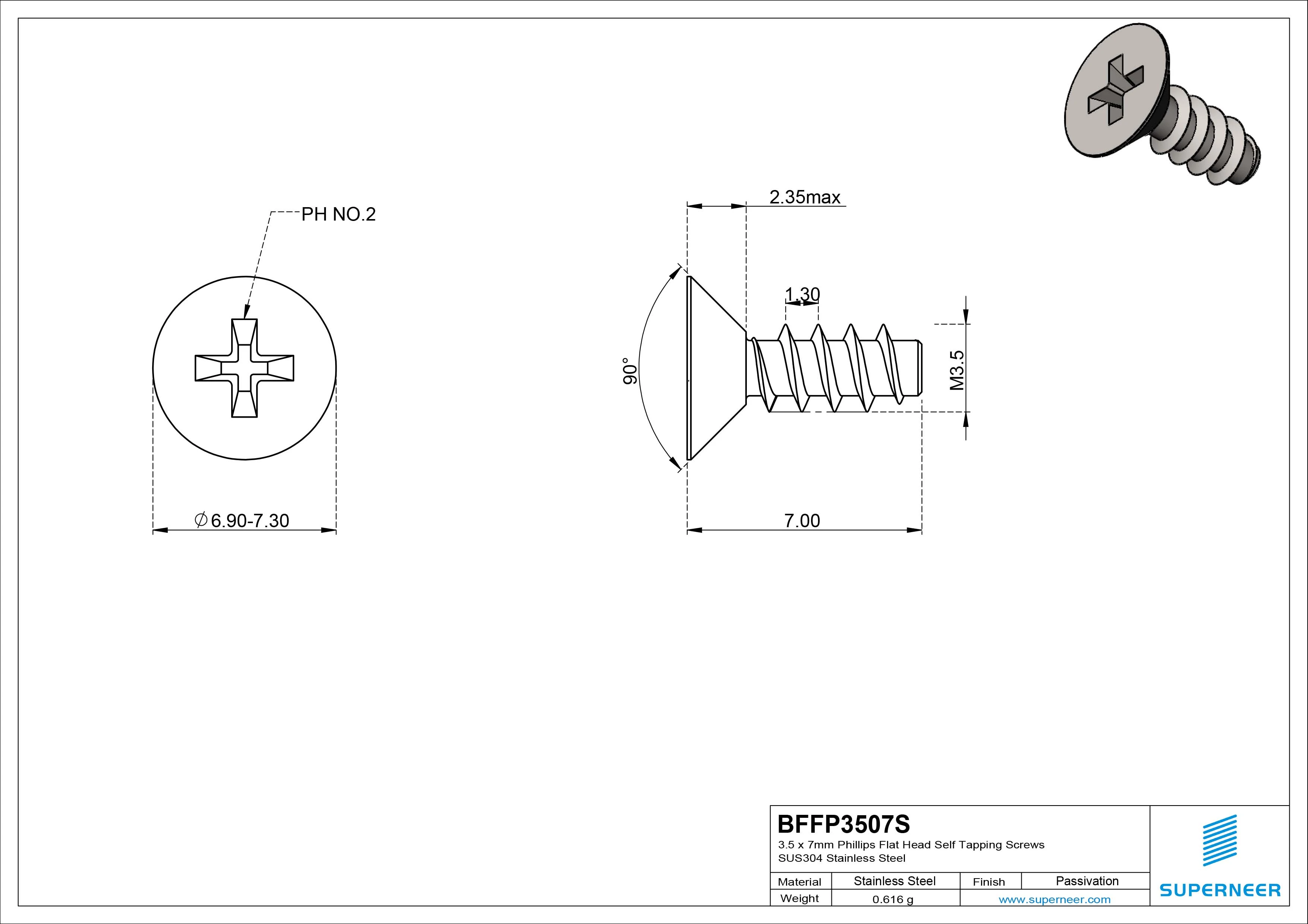 3.5 x 7mm Phillips Flat Head Self Tapping Screws SUS304 Stainless Steel