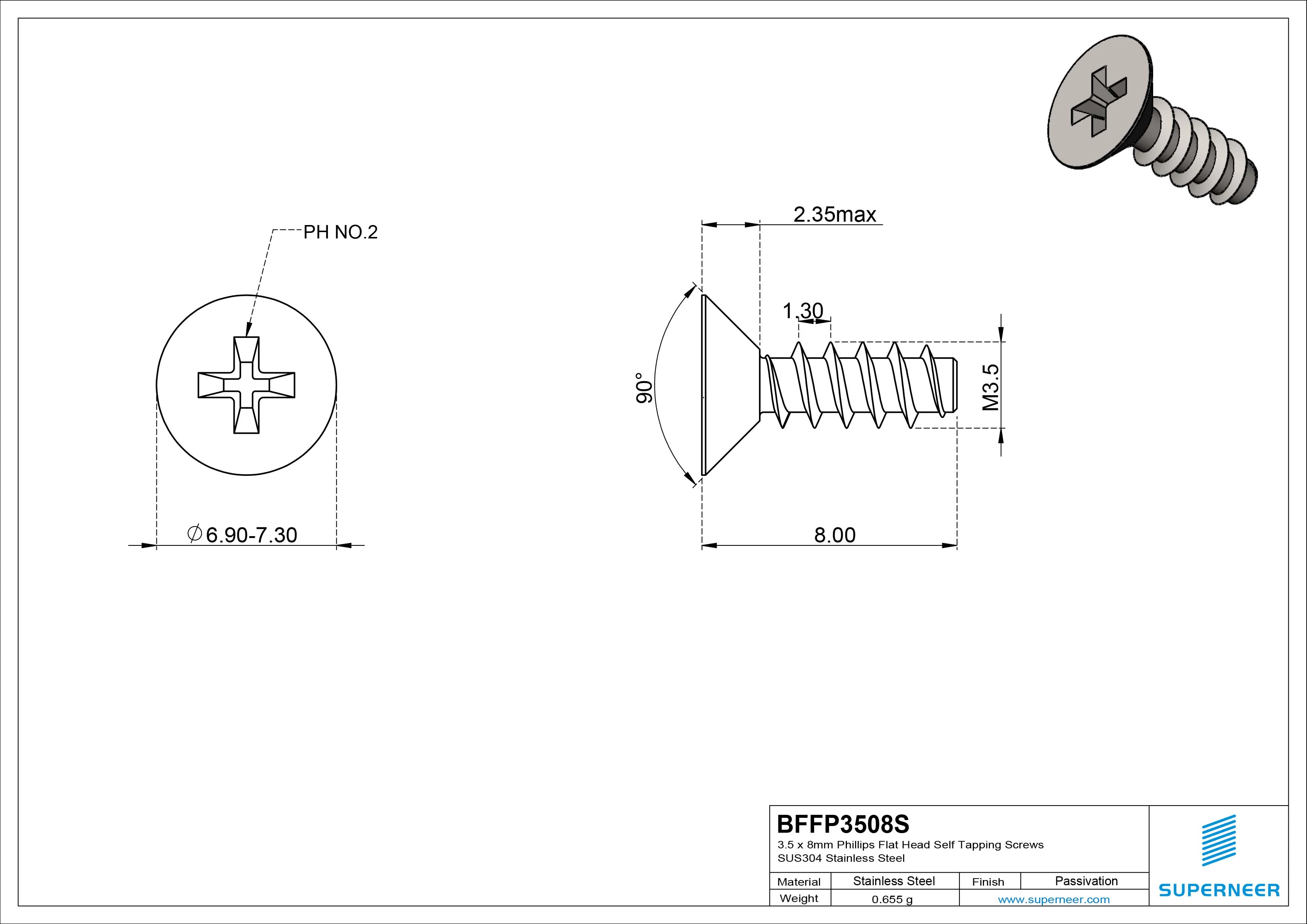 3.5 x 8mm Phillips Flat Head Self Tapping Screws SUS304 Stainless Steel