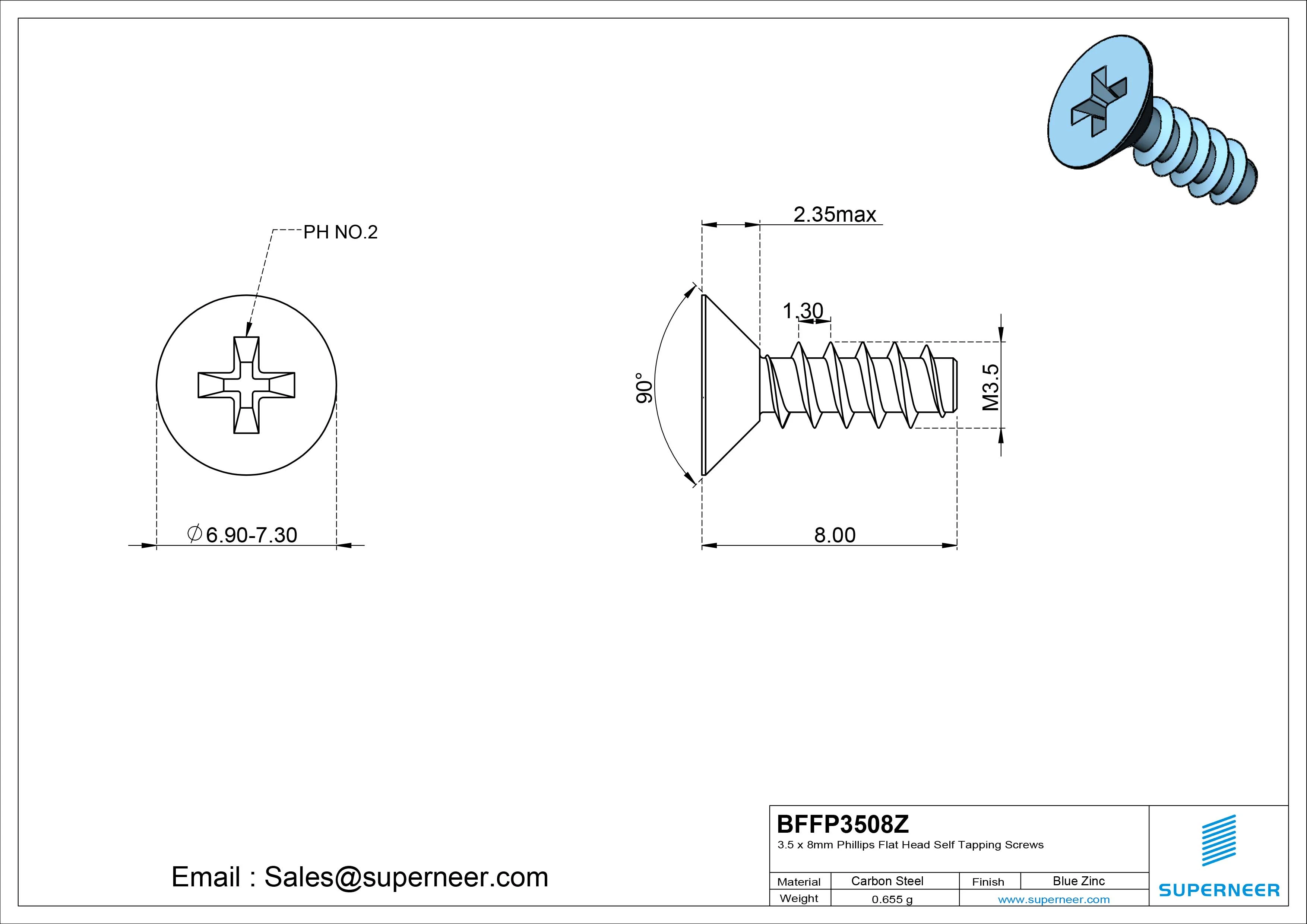 3.5 x 8mm Phillips Flat Head Self Tapping Screws Steel Blue Zinc Plated