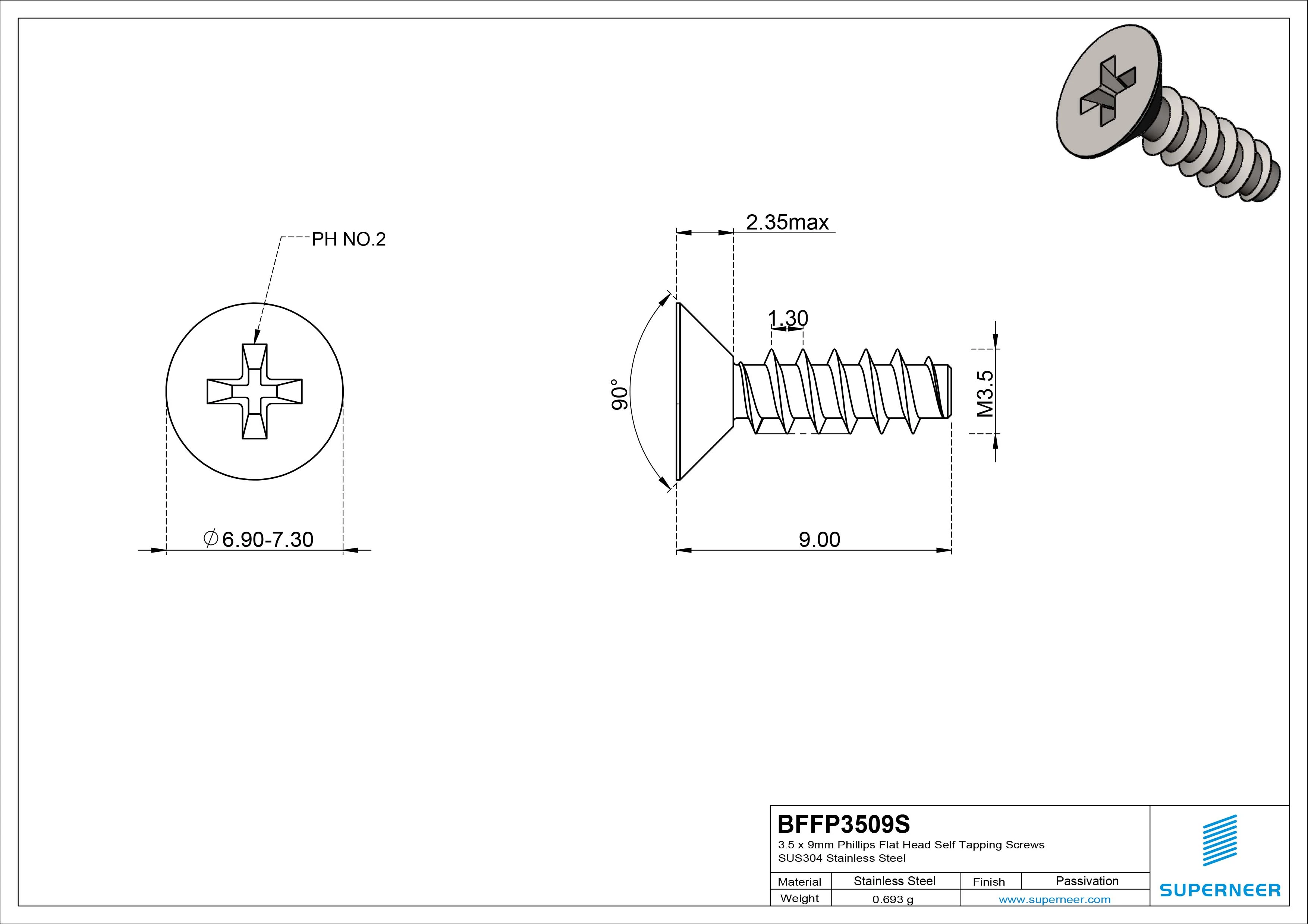 3.5 x 9mm Phillips Flat Head Self Tapping Screws SUS304 Stainless Steel