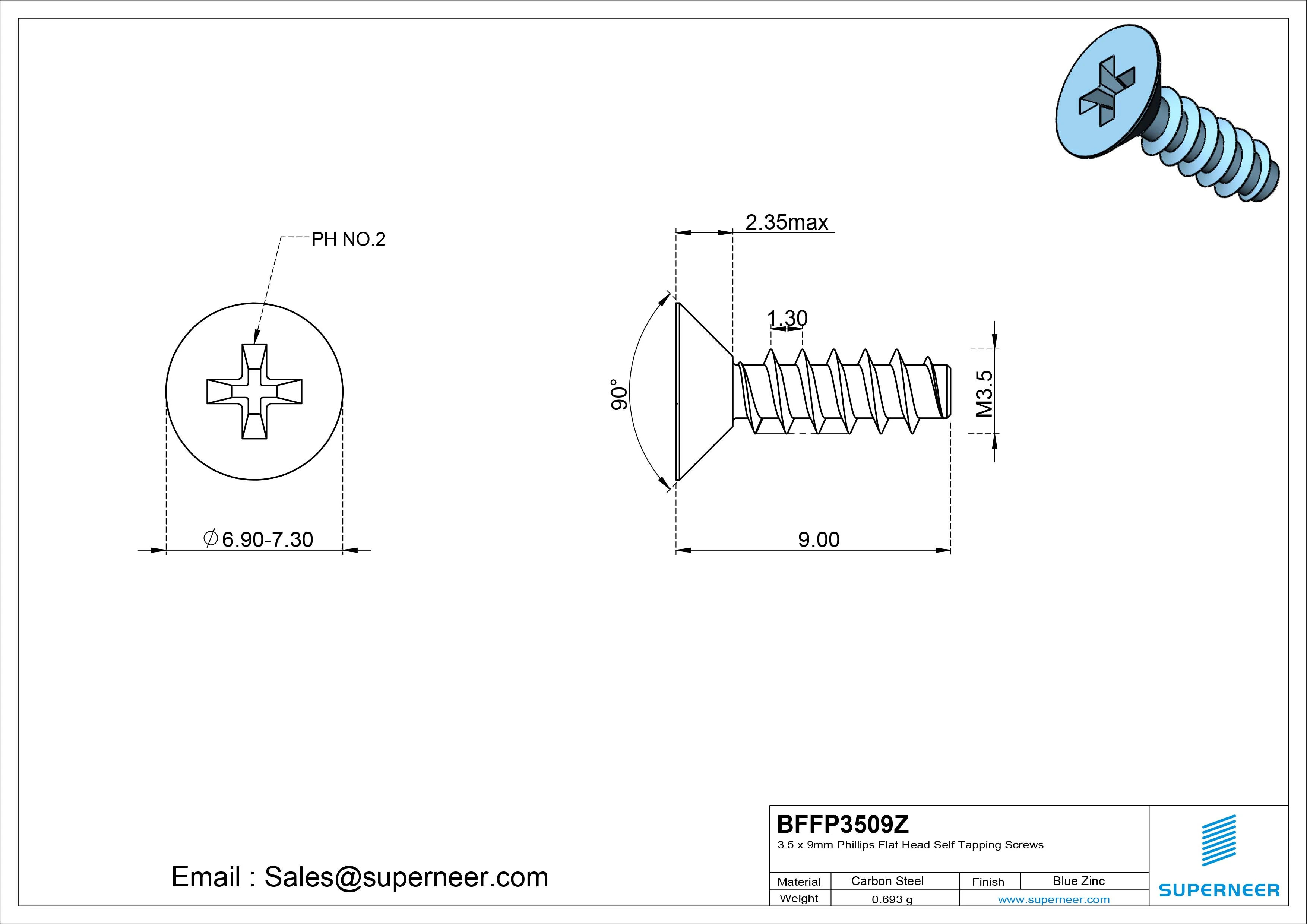 3.5 x 9mm Phillips Flat Head Self Tapping Screws Steel Blue Zinc Plated
